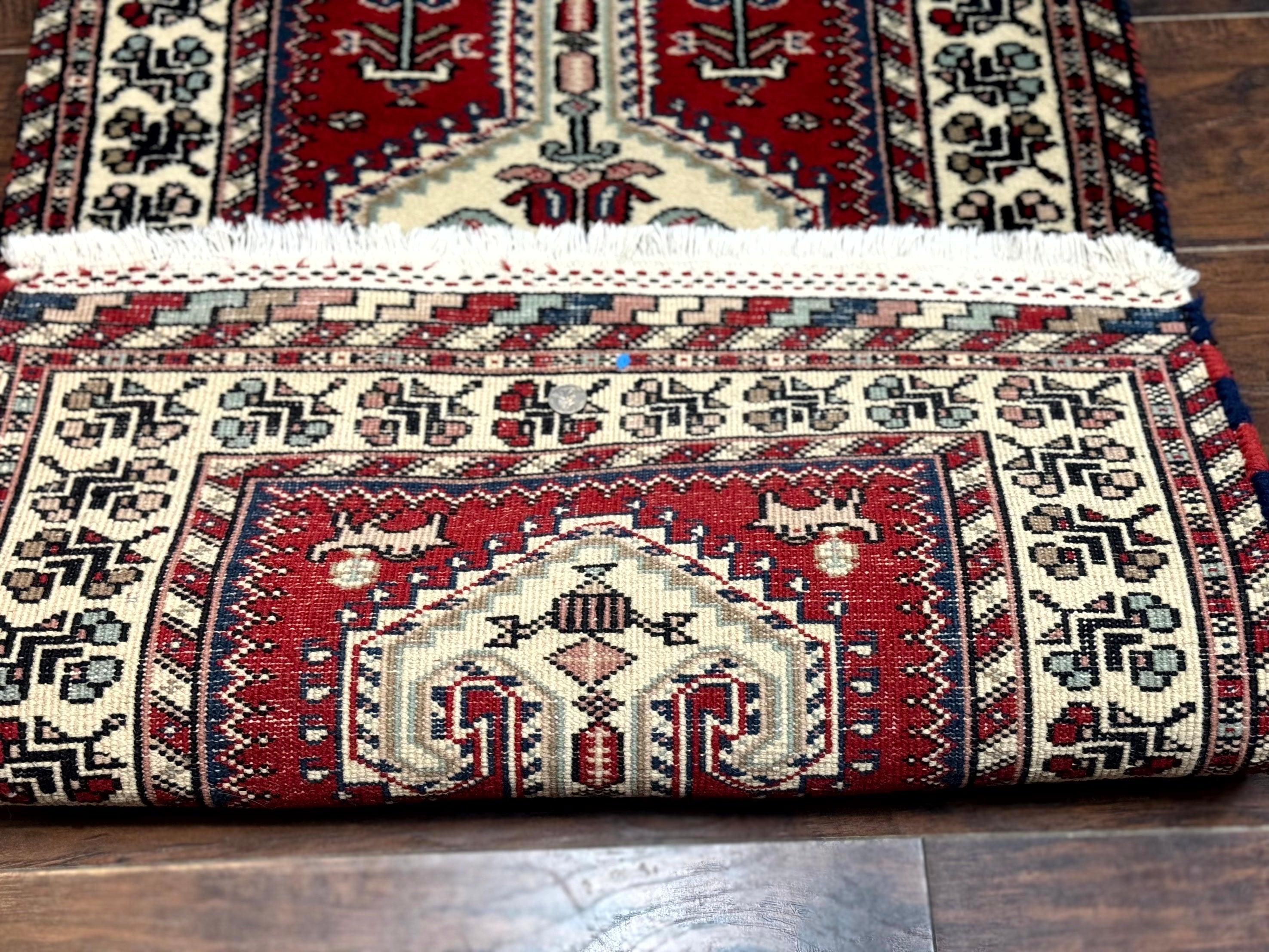 Indo Persian Runner Rug 2.6 x 12, Heriz Geometric Caucasian Design, Animal Pictorials, Tribal Runner Rug, Vintage Handmade Wool Red - Jewel Rugs