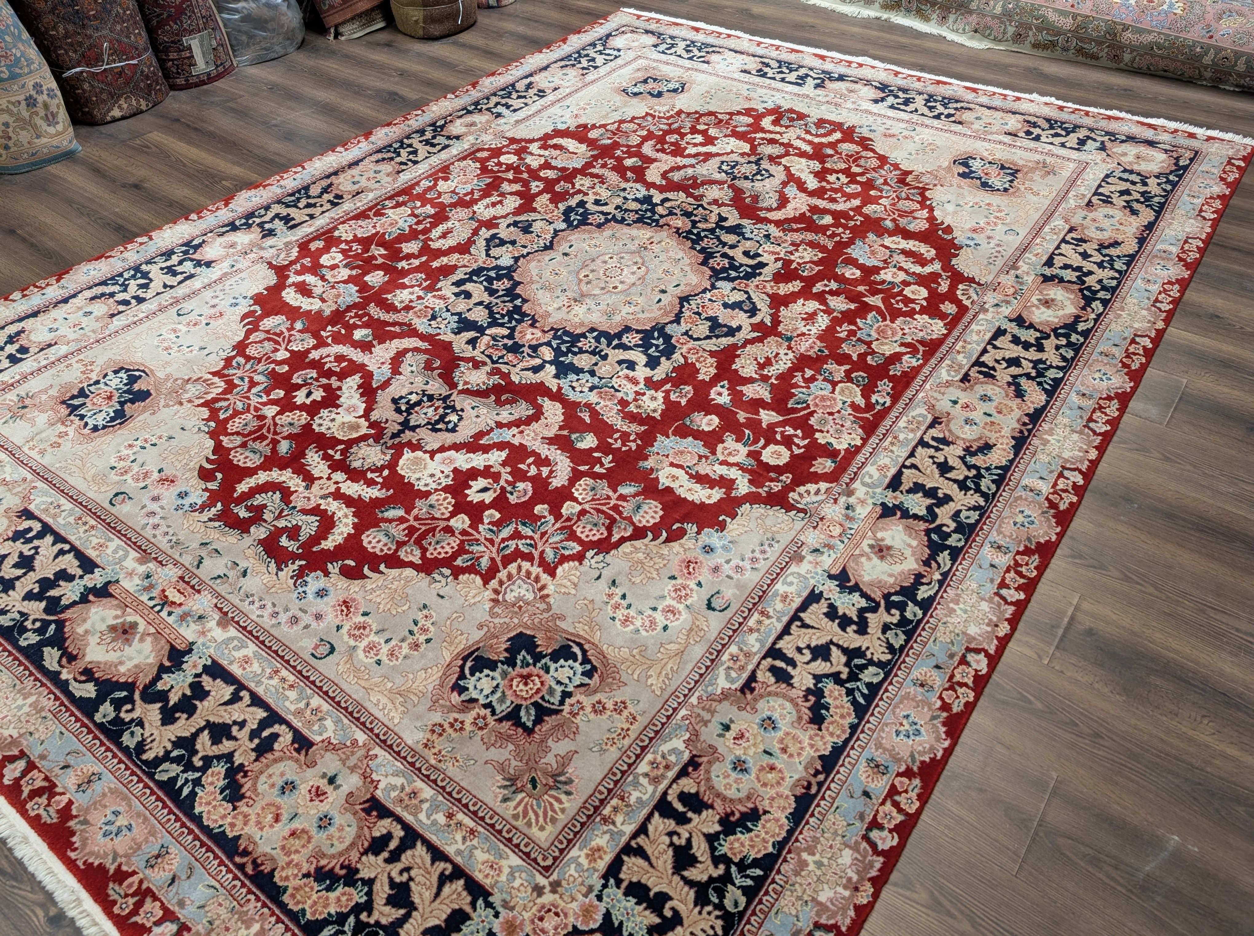 Pak Persian Rug 9x12 – Red and Navy, Wool and Silk, Medallion Oriental Carpet, 225 KPSI - Jewel Rugs