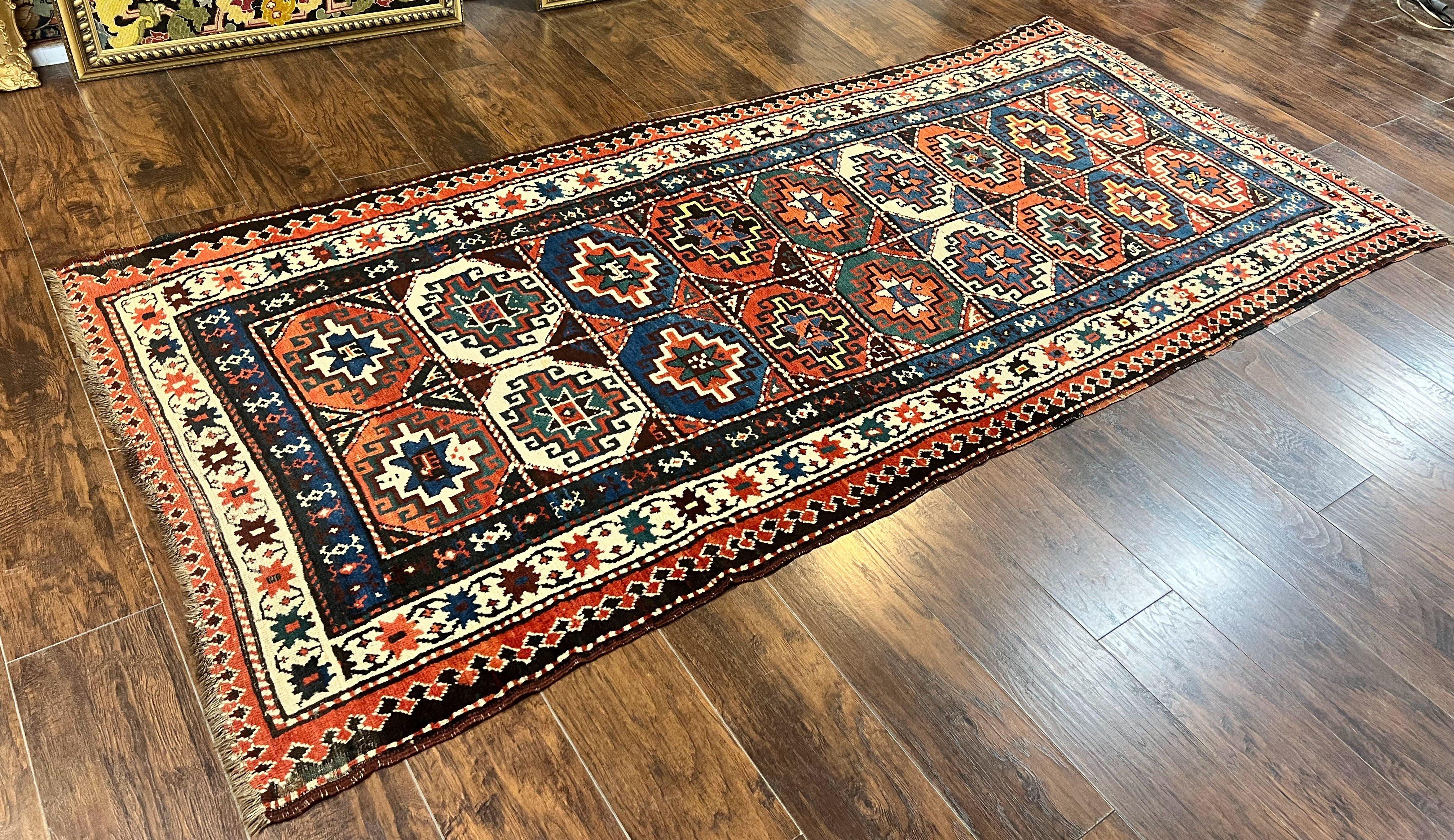 Antique Caucasian Kazak Runner Rug 4 x 9.5, Handmade Wool Rug for Hallway, Rare Colorful Panel Design Mid 19th Century 1870s Oriental Carpet - Jewel Rugs