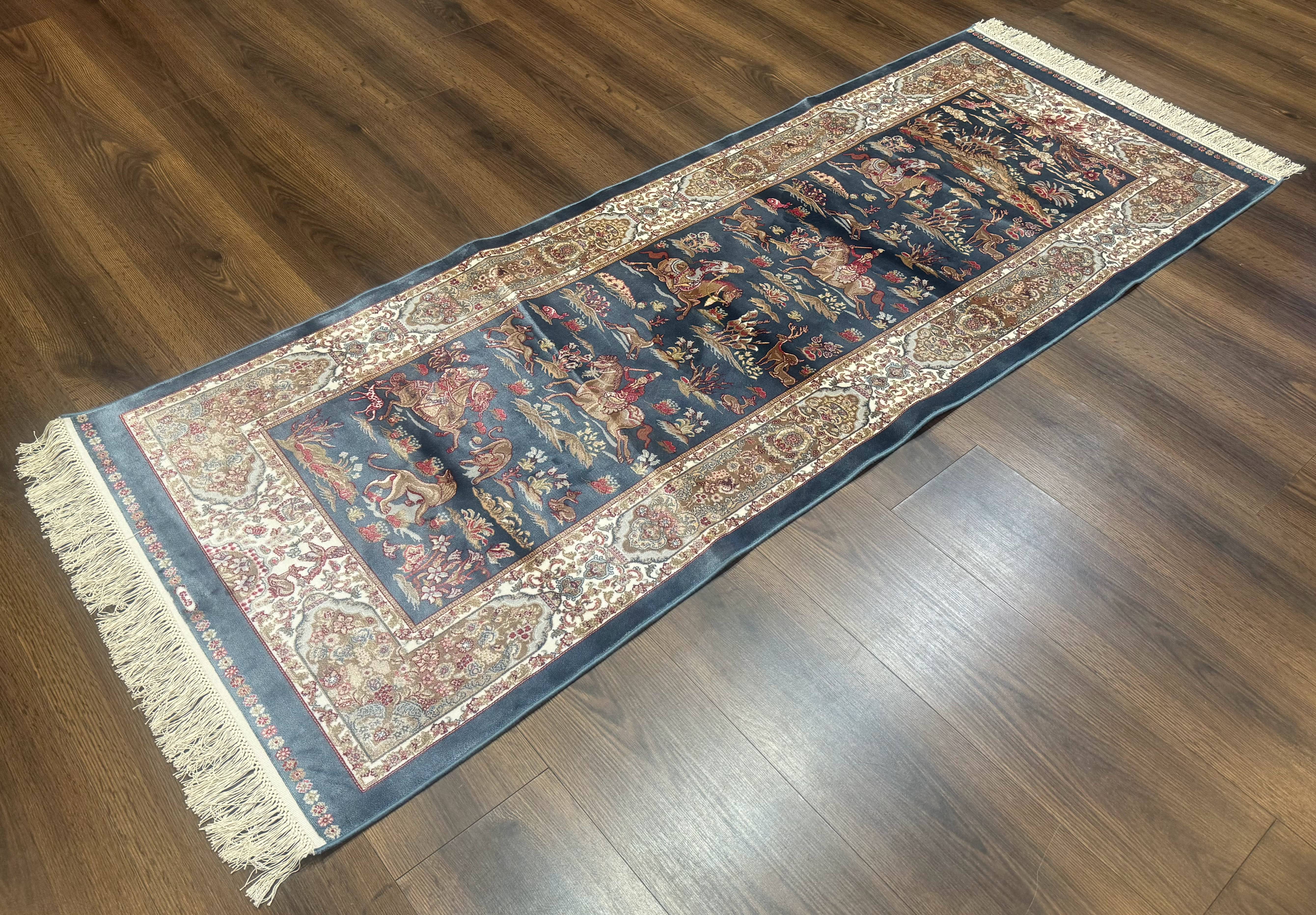 Turkish Silk Rug 2.6 x 6.7, Short Runner Rug, Blue & Ivory, Bamboo Silk, New - Jewel Rugs