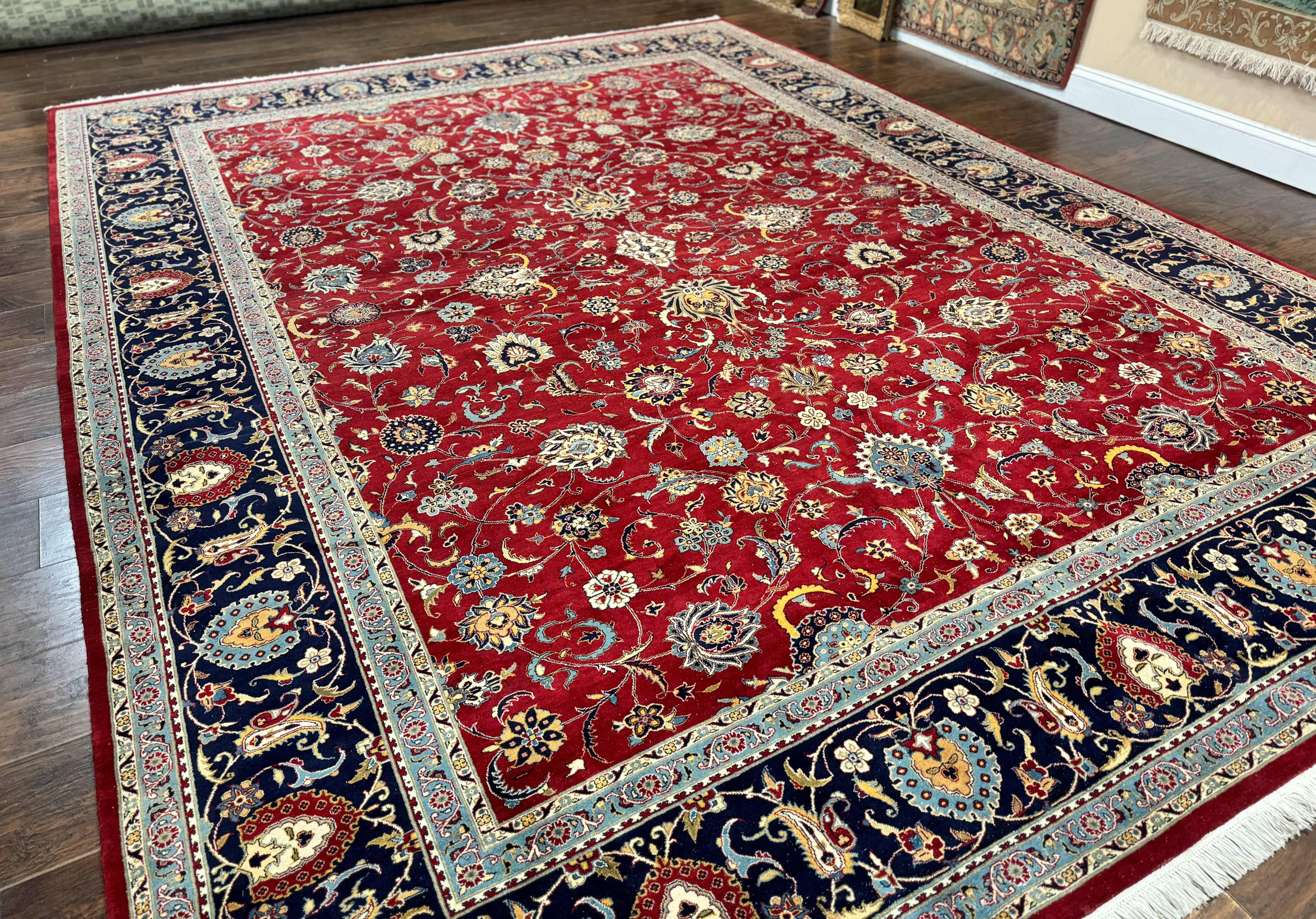 Pak Persian Rug 9x12, Red and Navy Blue, Floral Allover, Hand Knotted Vintage Wool Carpet, Fine 260 KPSI - Jewel Rugs