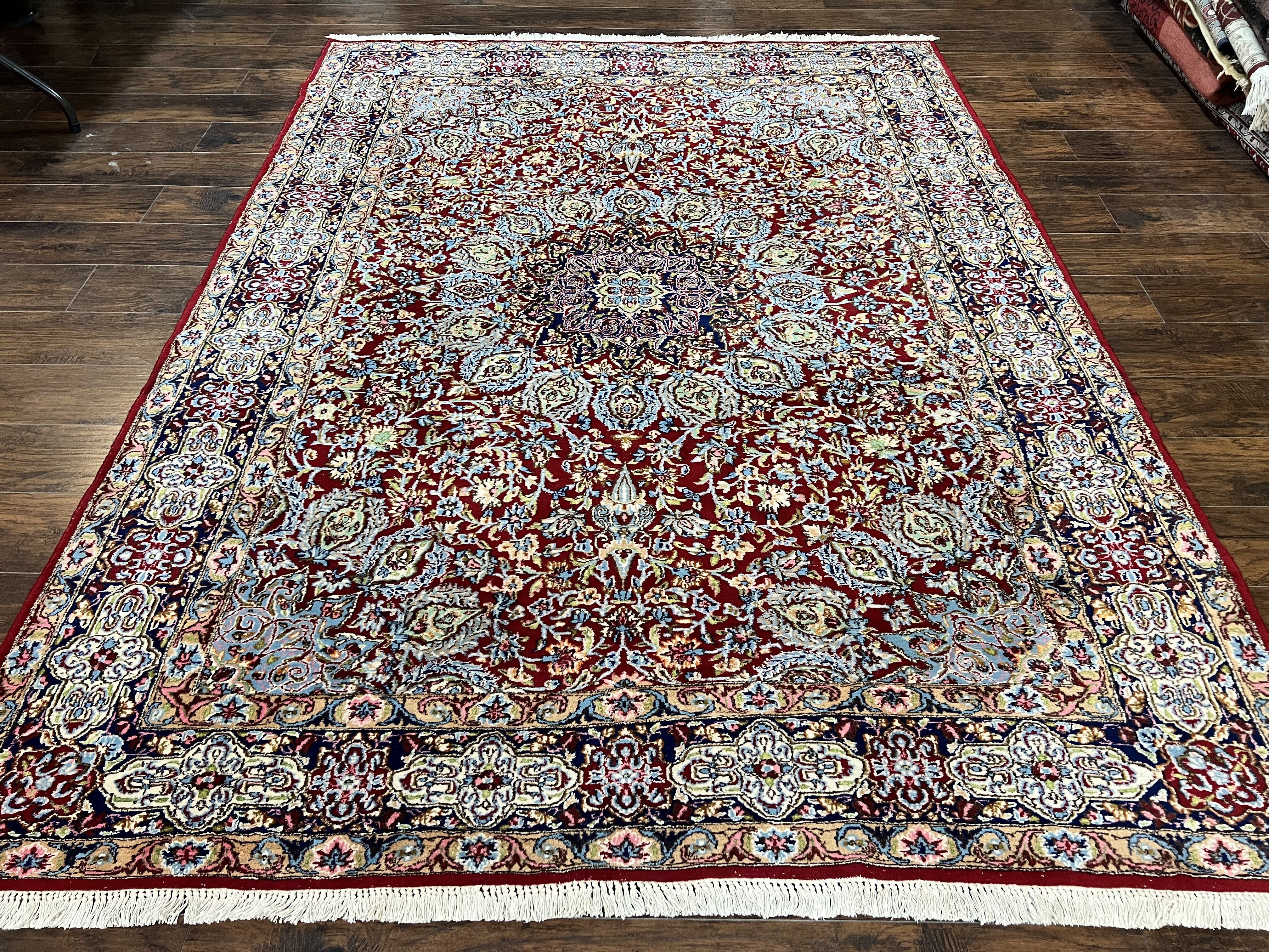 Persian Rug 7x10, Kirman Oriental Carpet 7 x 10 ft, Hand Knotted Wool Floral Medallion Semi Antique Persian Rug, Dark Red Light Blue Vintage - Jewel Rugs