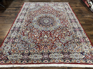Persian Rug 7x10, Kirman Oriental Carpet 7 x 10 ft, Hand Knotted Wool Floral Medallion Semi Antique Persian Rug, Dark Red Light Blue Vintage