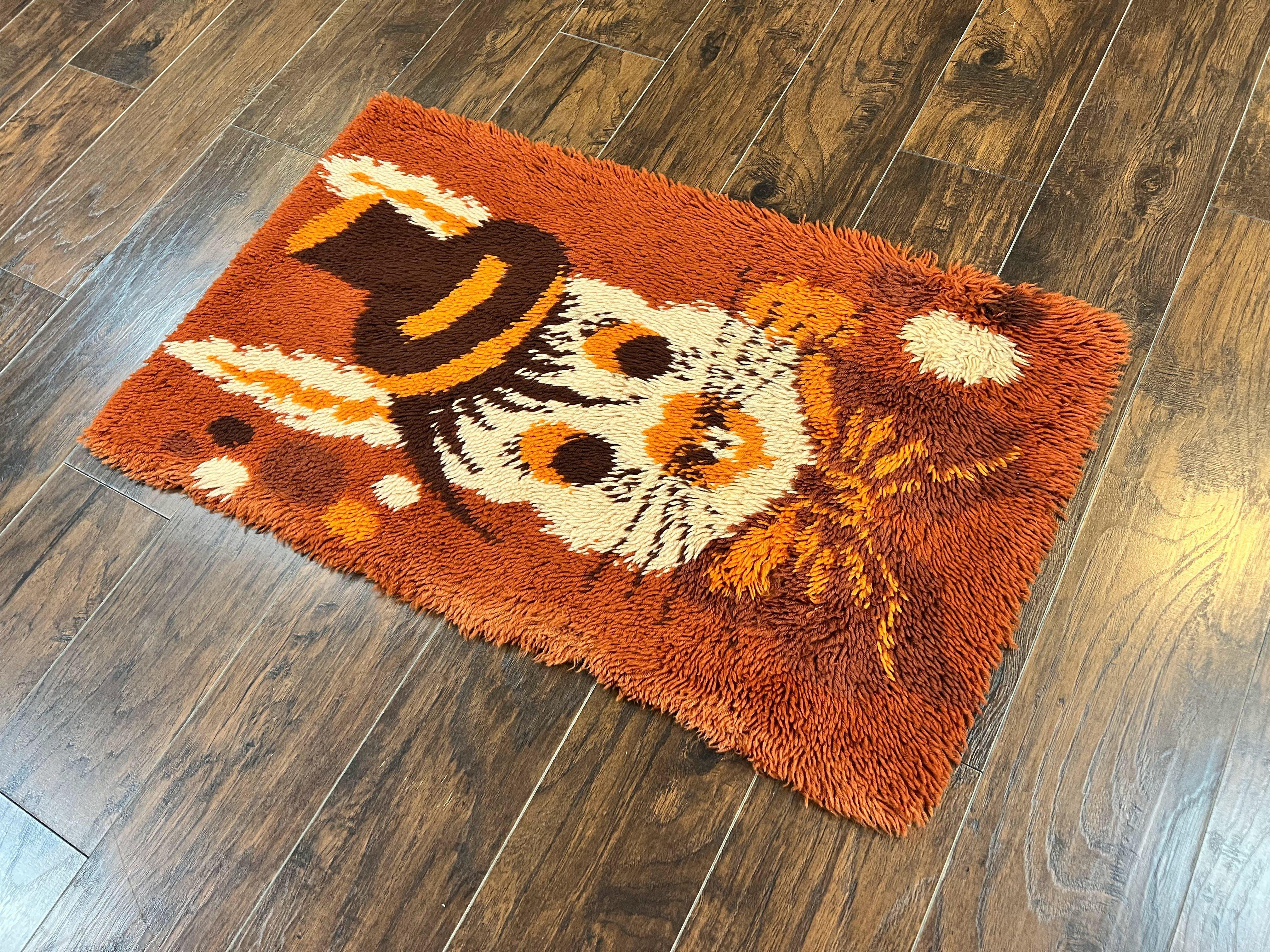 Rya Shag Rug 2x4, Rabbit in Top Hat, Wool, Orange, Vintage 1960s Danish Shag Rug - Jewel Rugs