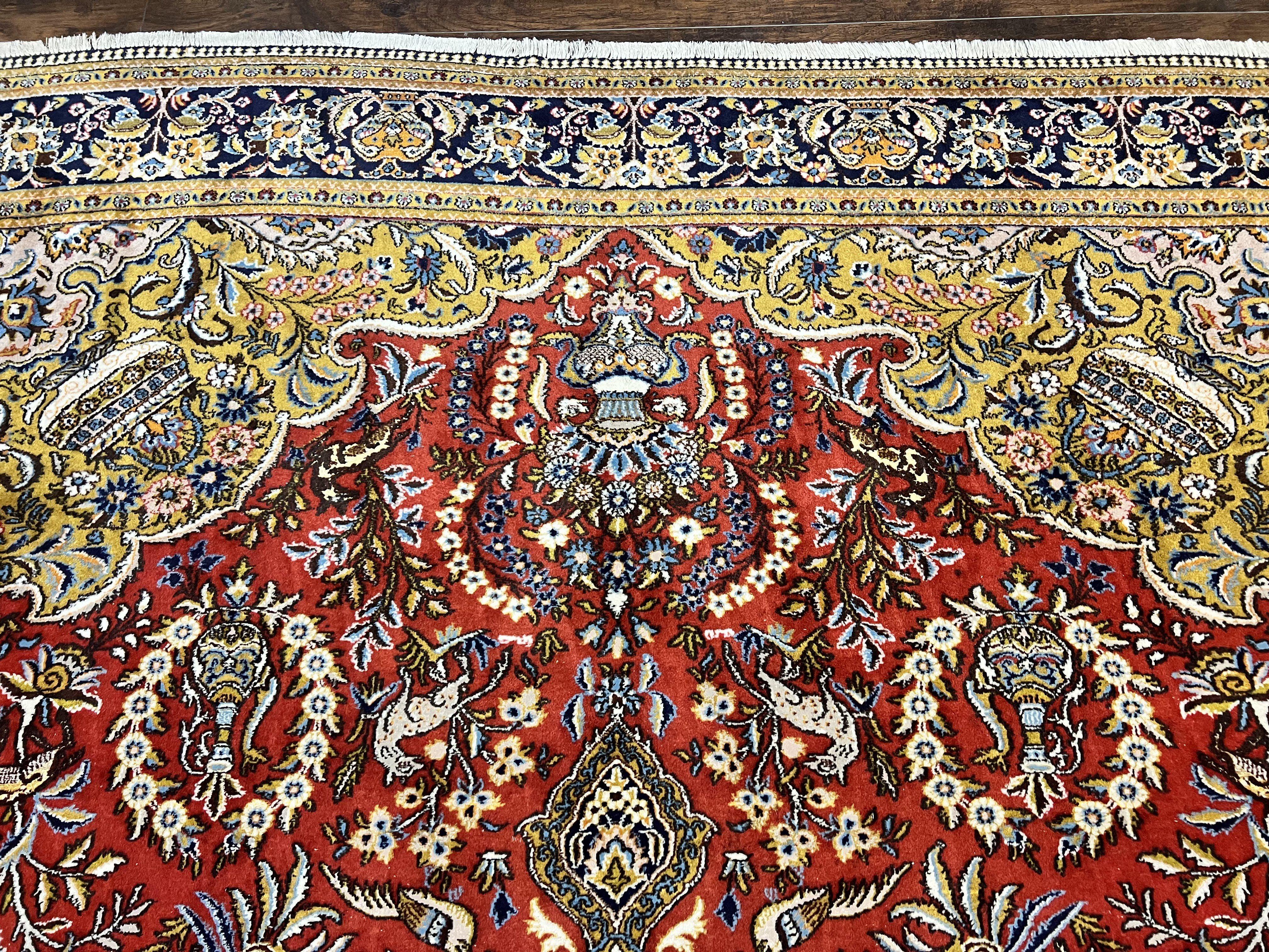 Wonderful Persian Qum Rug 10x14, Wool w/ Silk Highlights, Hand Knotted Semi Antique Vintage Carpet, Red, Floral, Fine Weave, Birds Deer Pictorials - Jewel Rugs
