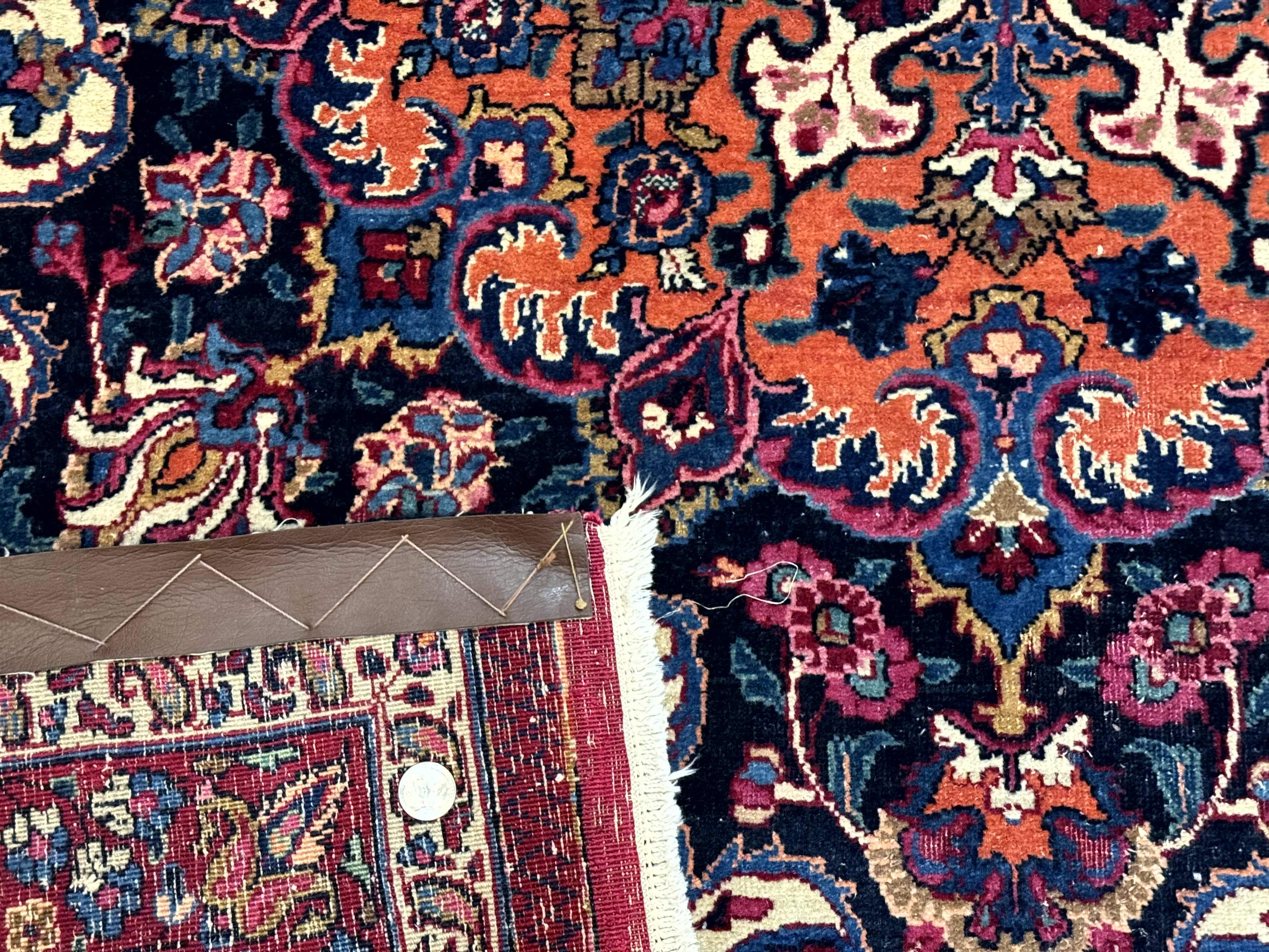 Antique Persian Mashad Rug 12x15, Palace Size Carpet, Wool Hand Knotted, Red and Navy Blue, Floral Medallion - Jewel Rugs