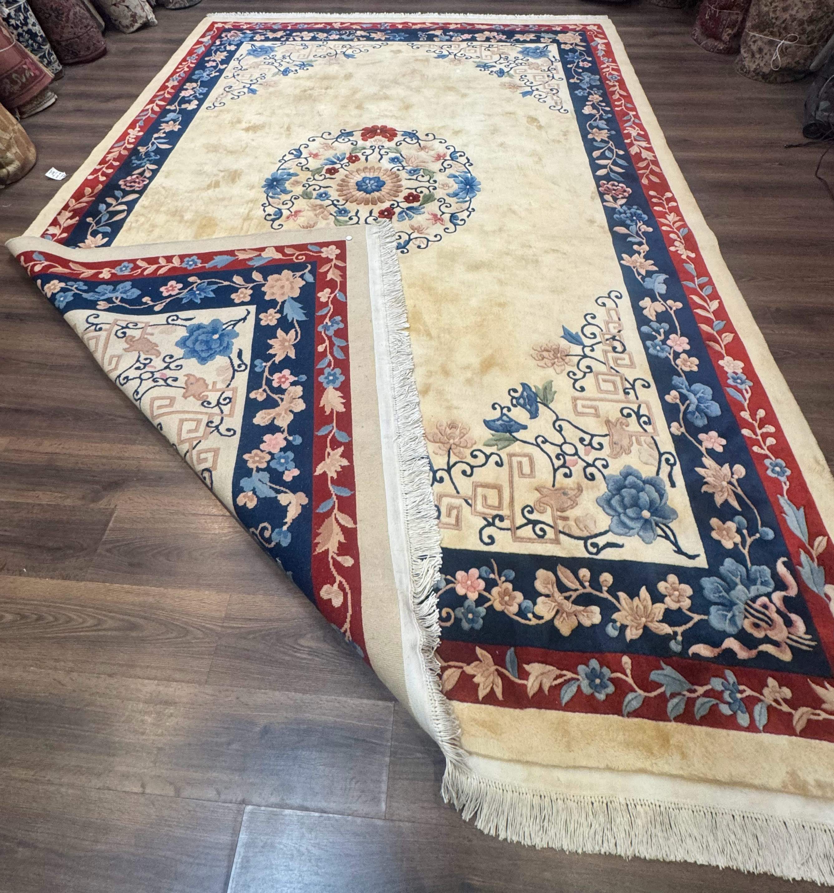 Chinese Rug 10x14 – Cream and Navy, 90 Line Vintage Wool Carpet - Jewel Rugs