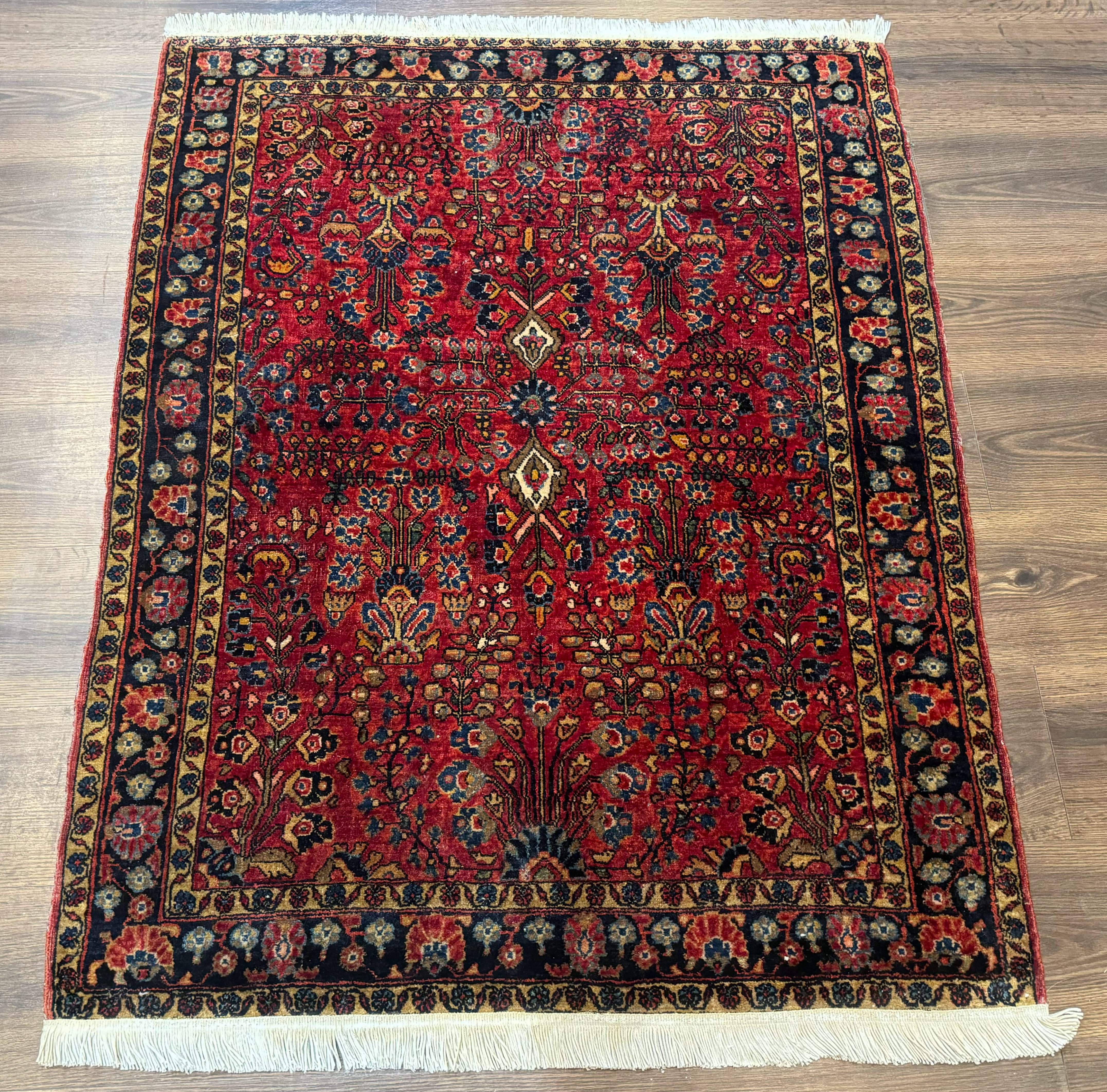 Antique Persian Sarouk Rug 3x4, Red, Floral, 1920s Wool Rug - Jewel Rugs