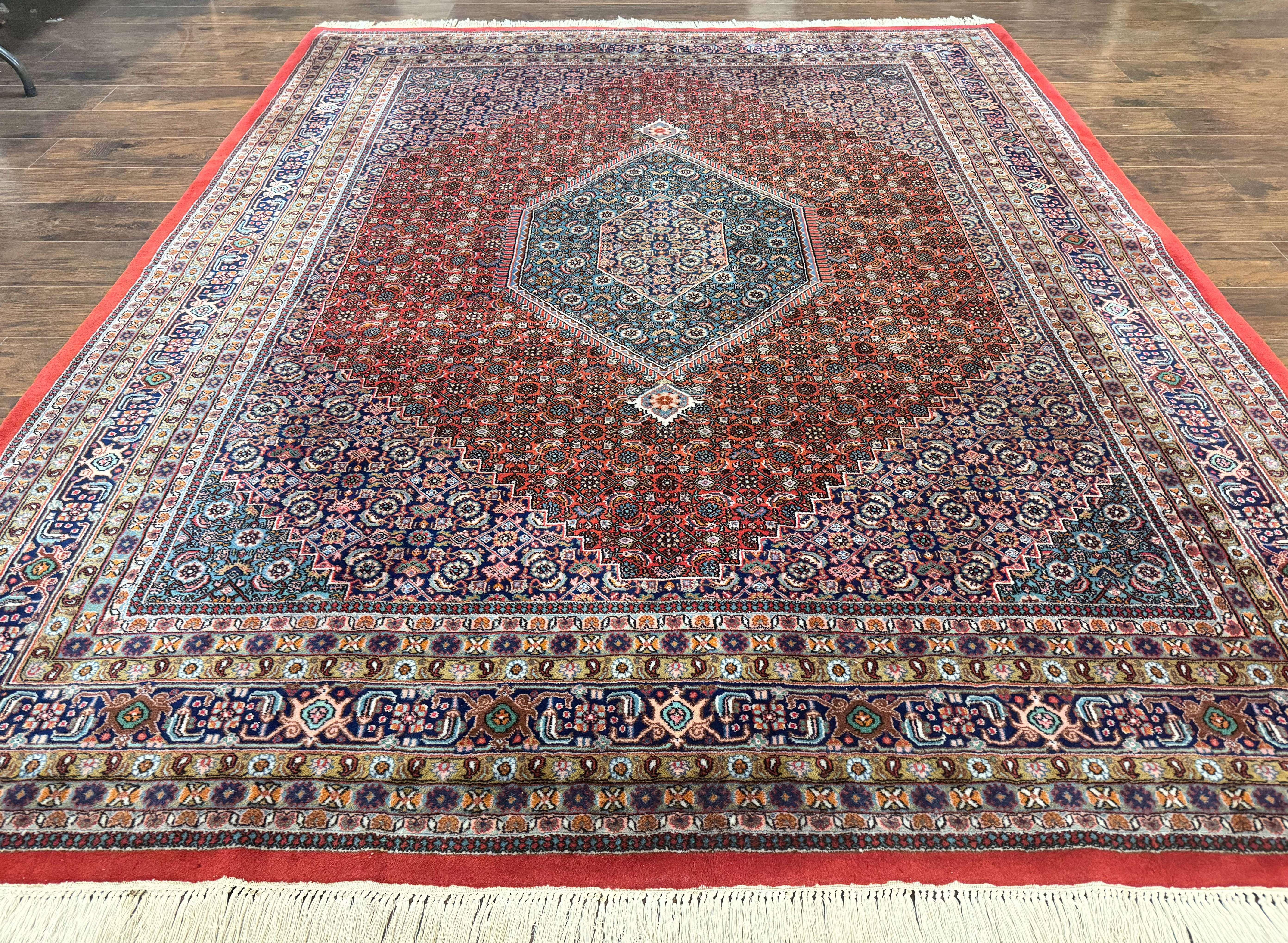 Indo Persian Bidjar Rug 8x10, Red Navy Blue, Herati Mahi Pattern, Vintage Handmade Wool Carpet - Jewel Rugs