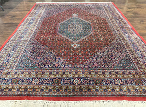 Indo Persian Bidjar Rug 8x10, Red Navy Blue, Herati Mahi Pattern, Vintage Handmade Wool Carpet