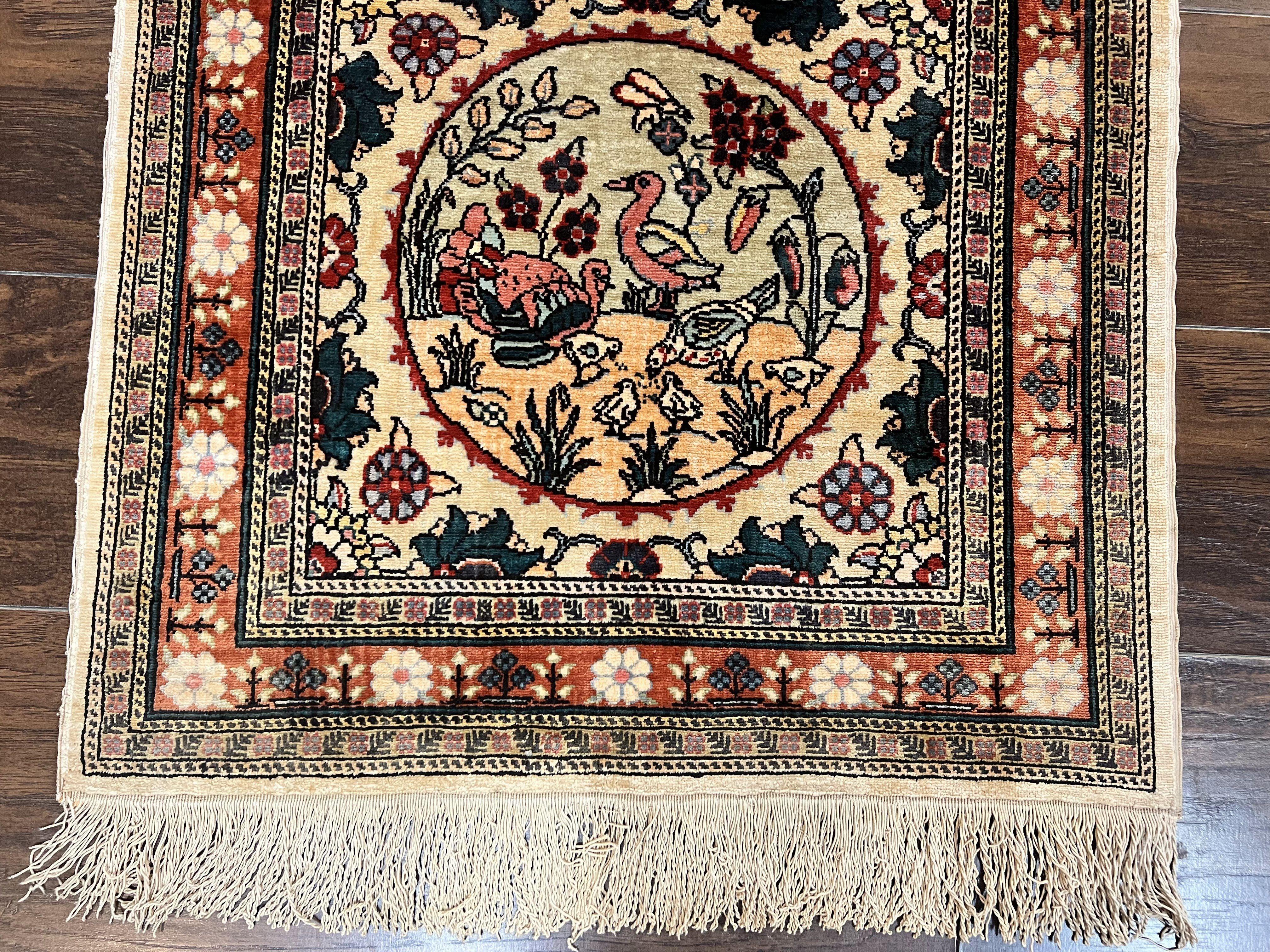 Silk Turkish Rug 2x4, Fine Handmade Oriental Rug, Animal Pictorial Birds Silk Pile on Silk Foundation Vintage Hand Knotted Hereke Carpet - Jewel Rugs
