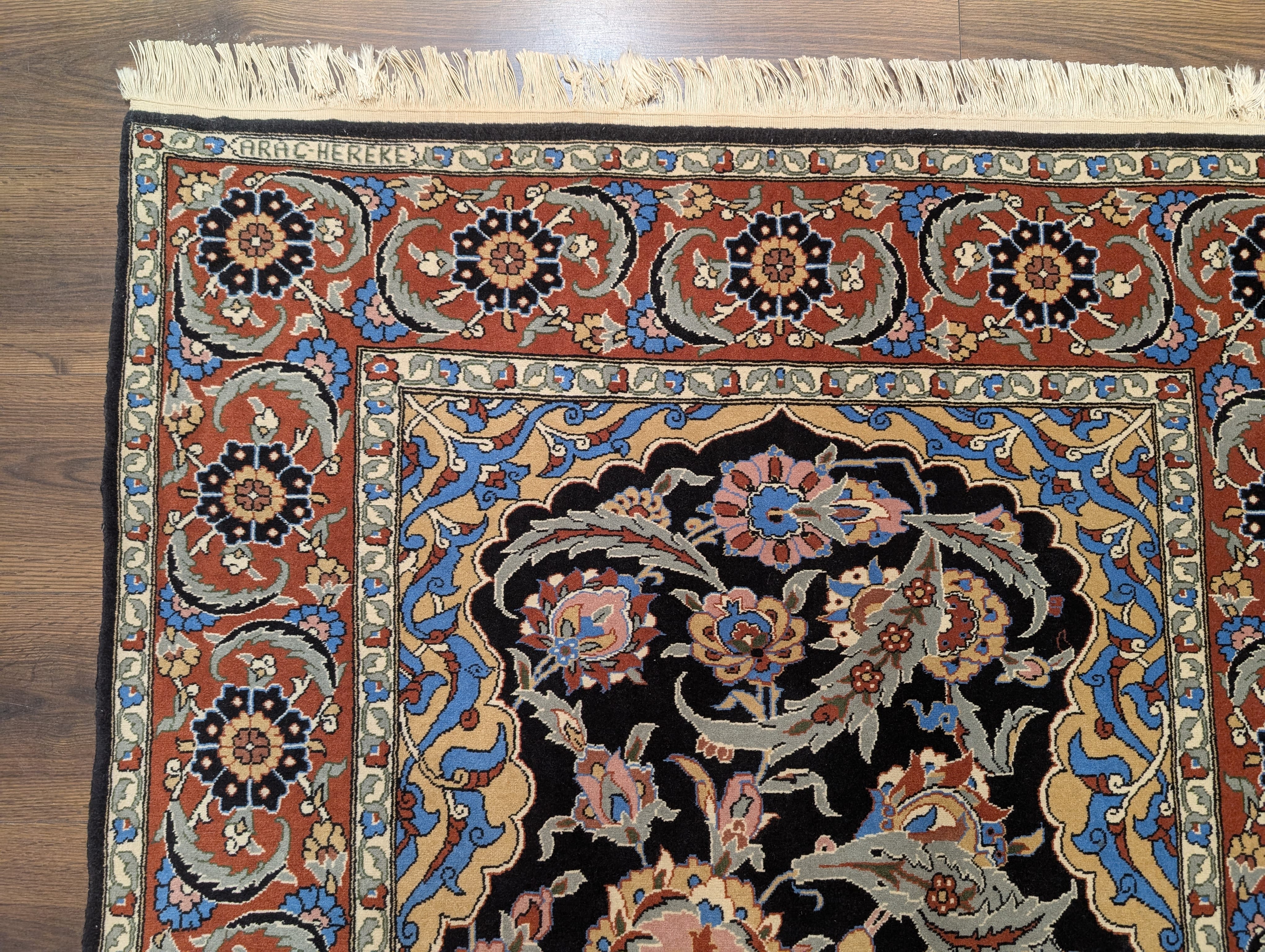 Turkish Hereke Rug 4x7, Kork Wool, Hand-Knotted Blue Carpet, Signed, 225 KPSI - Jewel Rugs