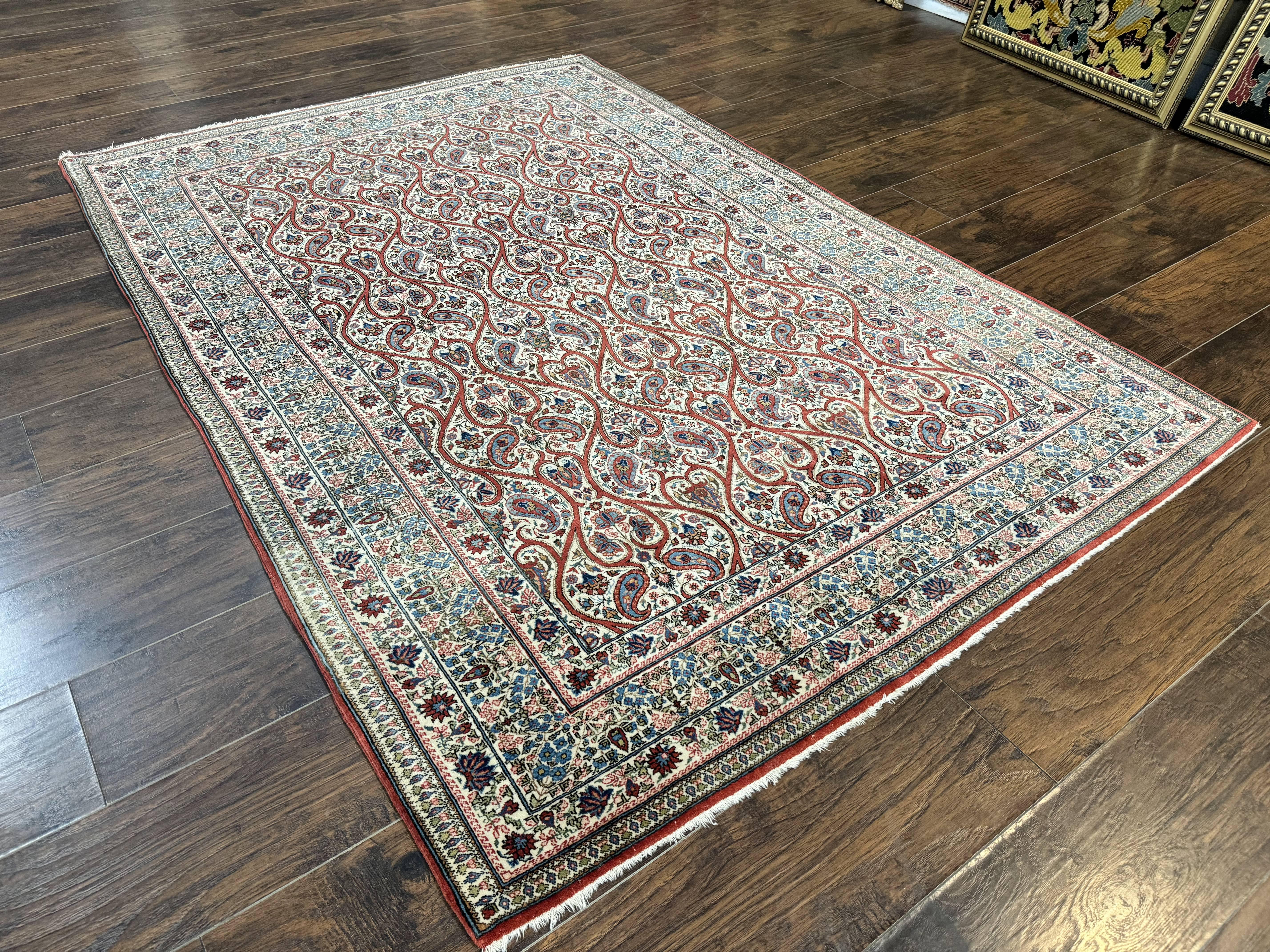 Unique Persian Qum Rug 5x7, Repeated Paisely Boteh Design, Ivory Red Blue, Handmade Antique Wool Persian Carpet, Finely Hand Knotted - Jewel Rugs