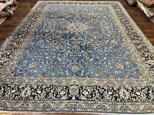 Blue Persian Kashan Rug 10x14, Wool Hand Knotted Vintage Carpet, Semi Antique Floral Allover Medallion Oriental Rug, Room Sized Large