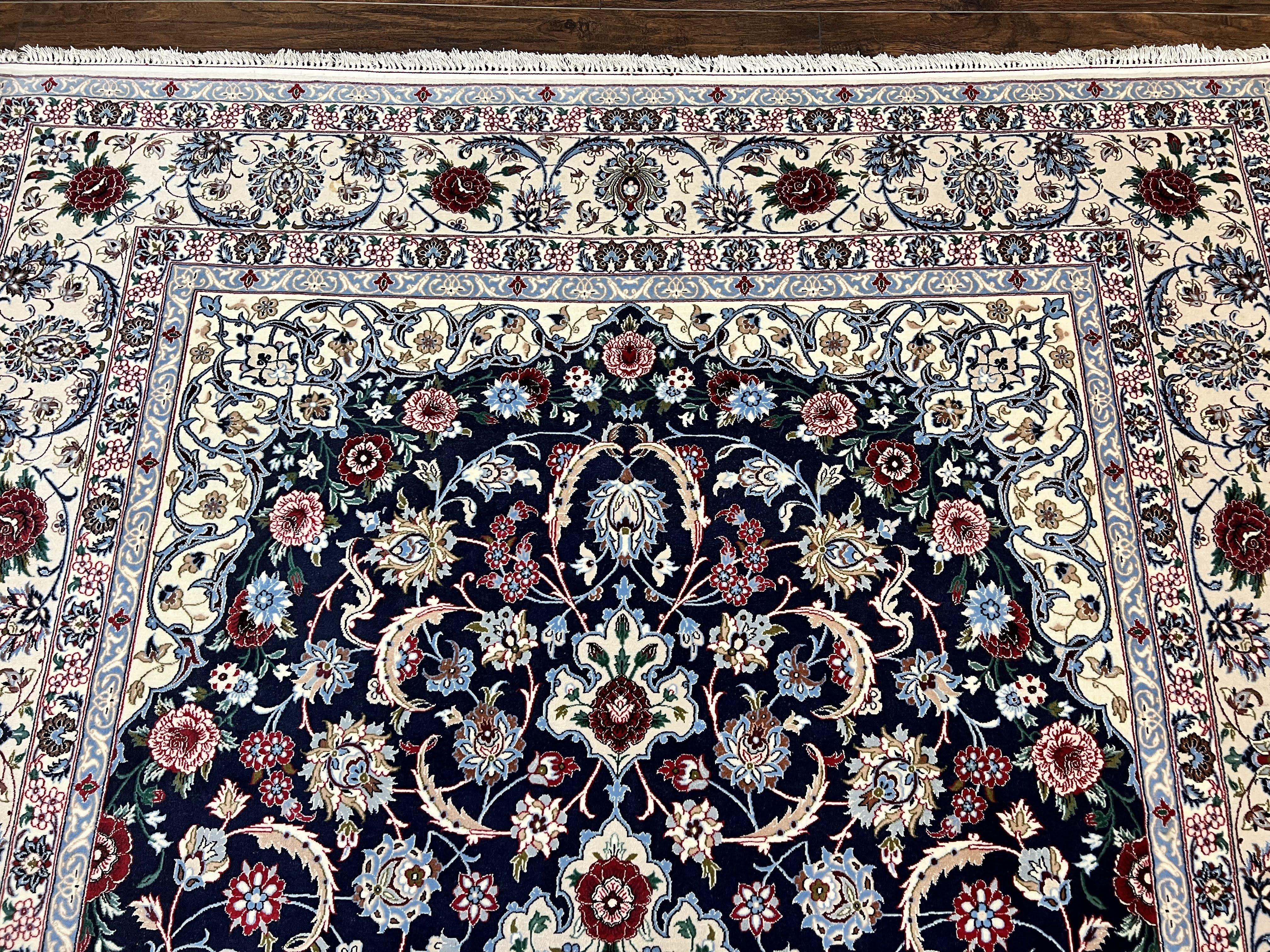 Marvelous Persian Isfahan Rug 7x10, Super Fine Hand Knotted Wool Oriental Carpet 7 x 10 ft, Navy Blue Ivory, Floral Medallion, Semi Antique Vintage - Jewel Rugs
