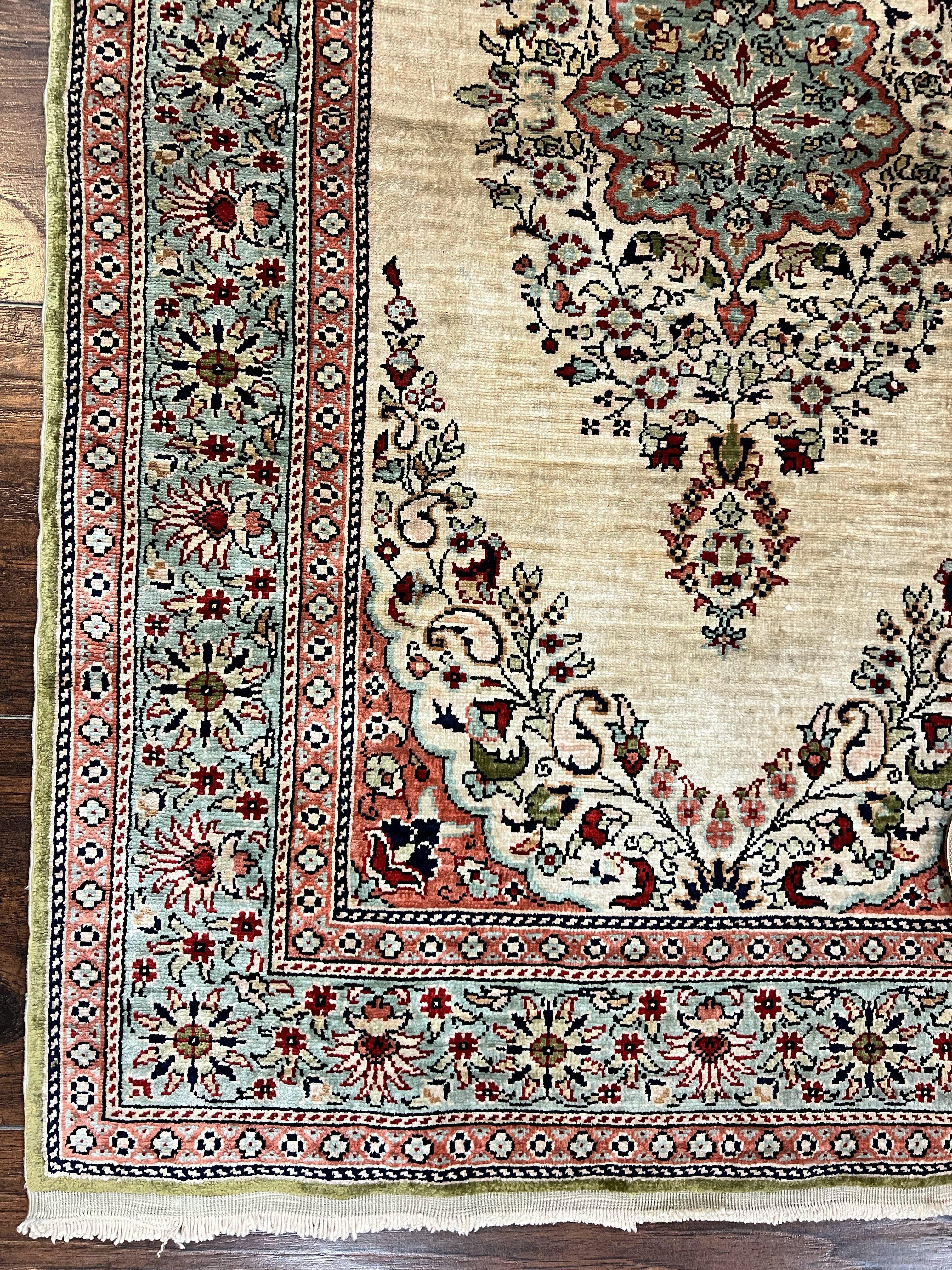 Silk Turkish Kayseri Rug 2x3, Very Finely Hand Knotted, Semi Open Field, Vintage, Silk Pile on Silk Foundation, 300 KPSI - Jewel Rugs