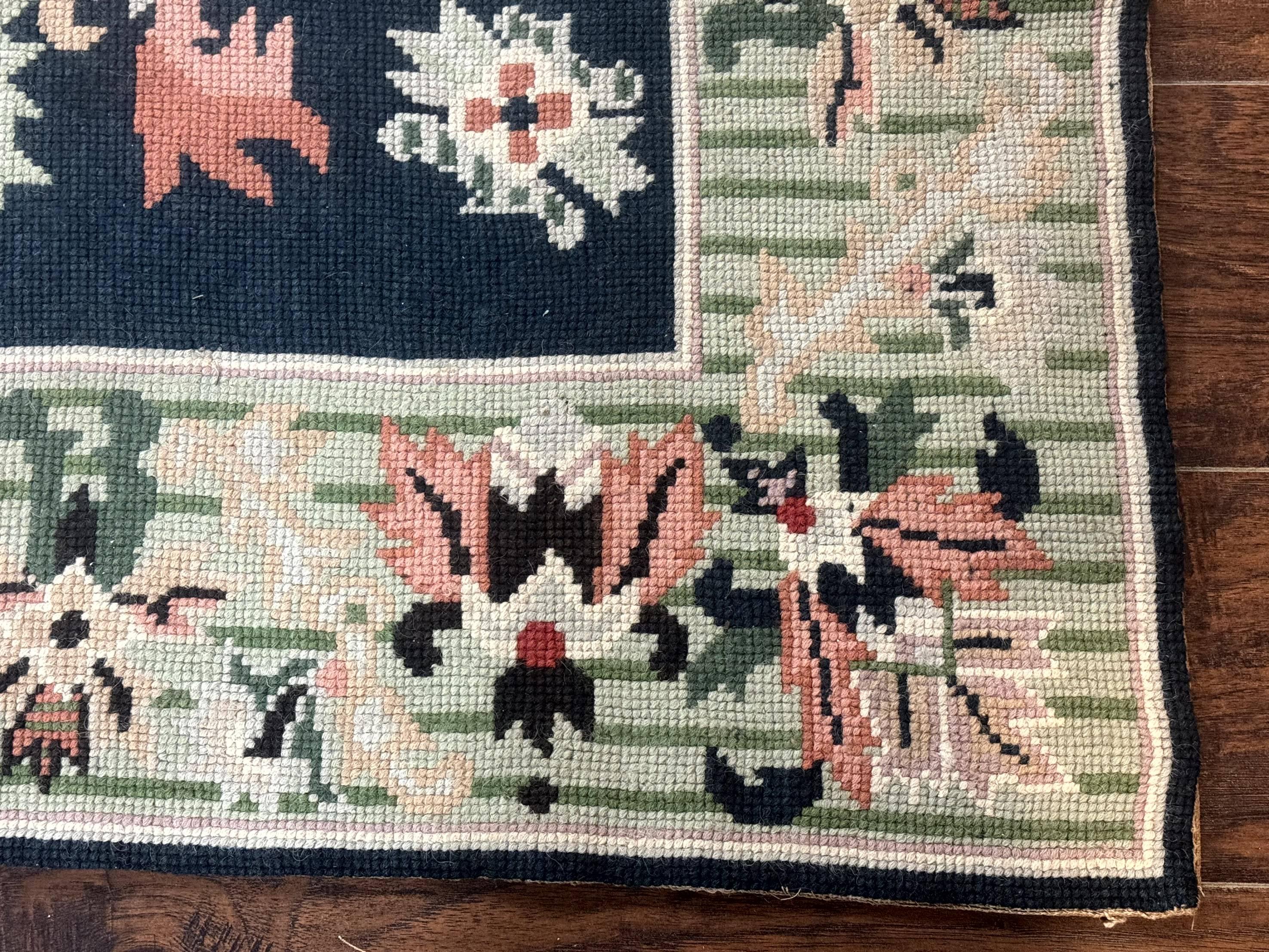 Vintage American Needlepoint Rug 4x6, Dark Green, Wool, Handmade, Flatweave Carpet - Jewel Rugs