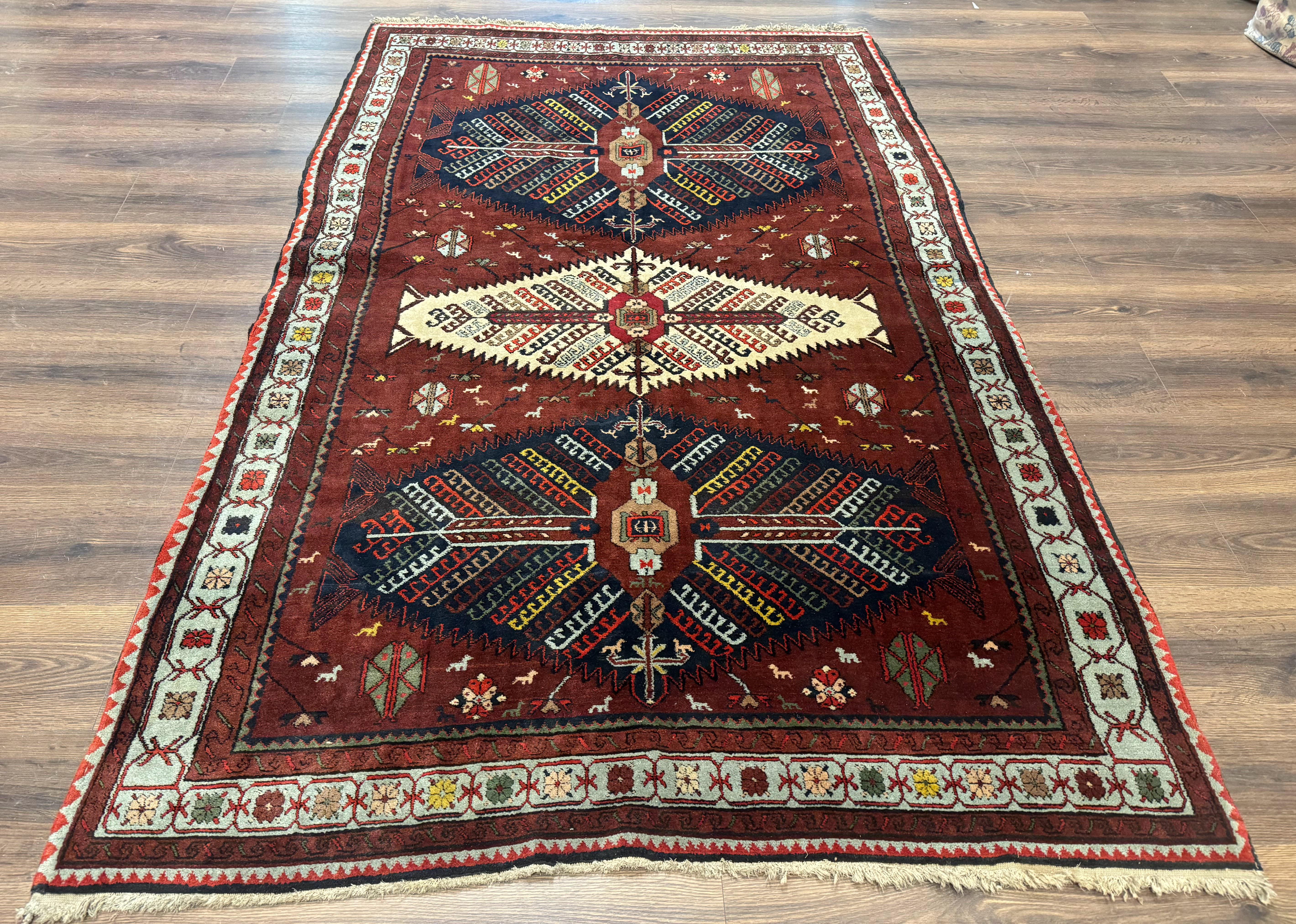 Antique Persian Tribal Rug 5 x 7.8, Triple Medallions, Red, Persian Afshar Rug - Jewel Rugs