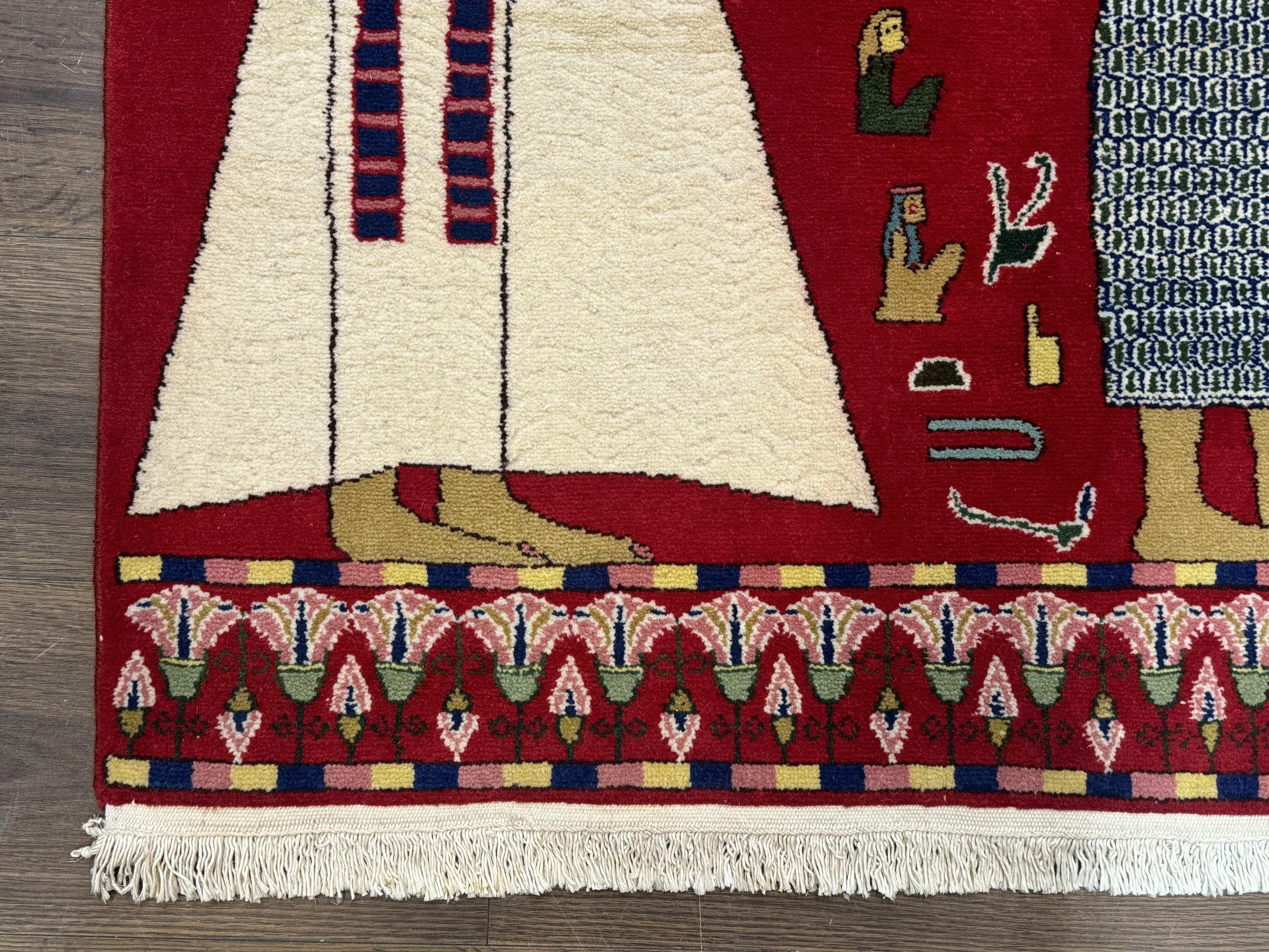 Egyptian Pictorial Rug 3x4, Hieroglyphic Pictorial Rug, Egyptian Prince and Princess, Cleopatra, Vintage Handmade, Red - Jewel Rugs