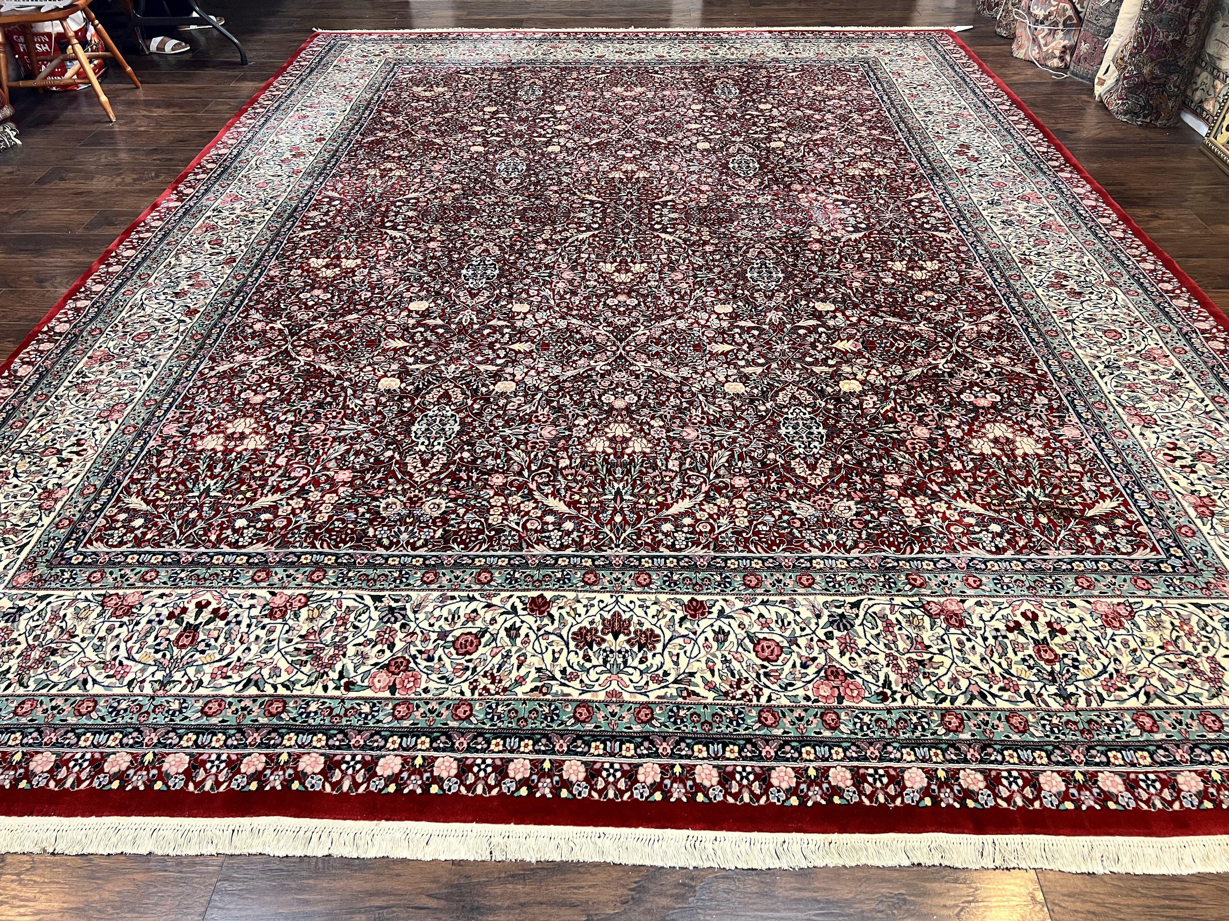 Pak Persian Rug 11x15, Wool & Silk Highlights Hand Knotted Vintage Carpet, Red Cream, Floral Allover, Oversized Kirman Rug - Jewel Rugs