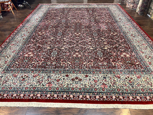 Pak Persian Rug 11x15, Wool & Silk Highlights Hand Knotted Vintage Carpet, Red Cream, Floral Allover, Oversized Kirman Rug