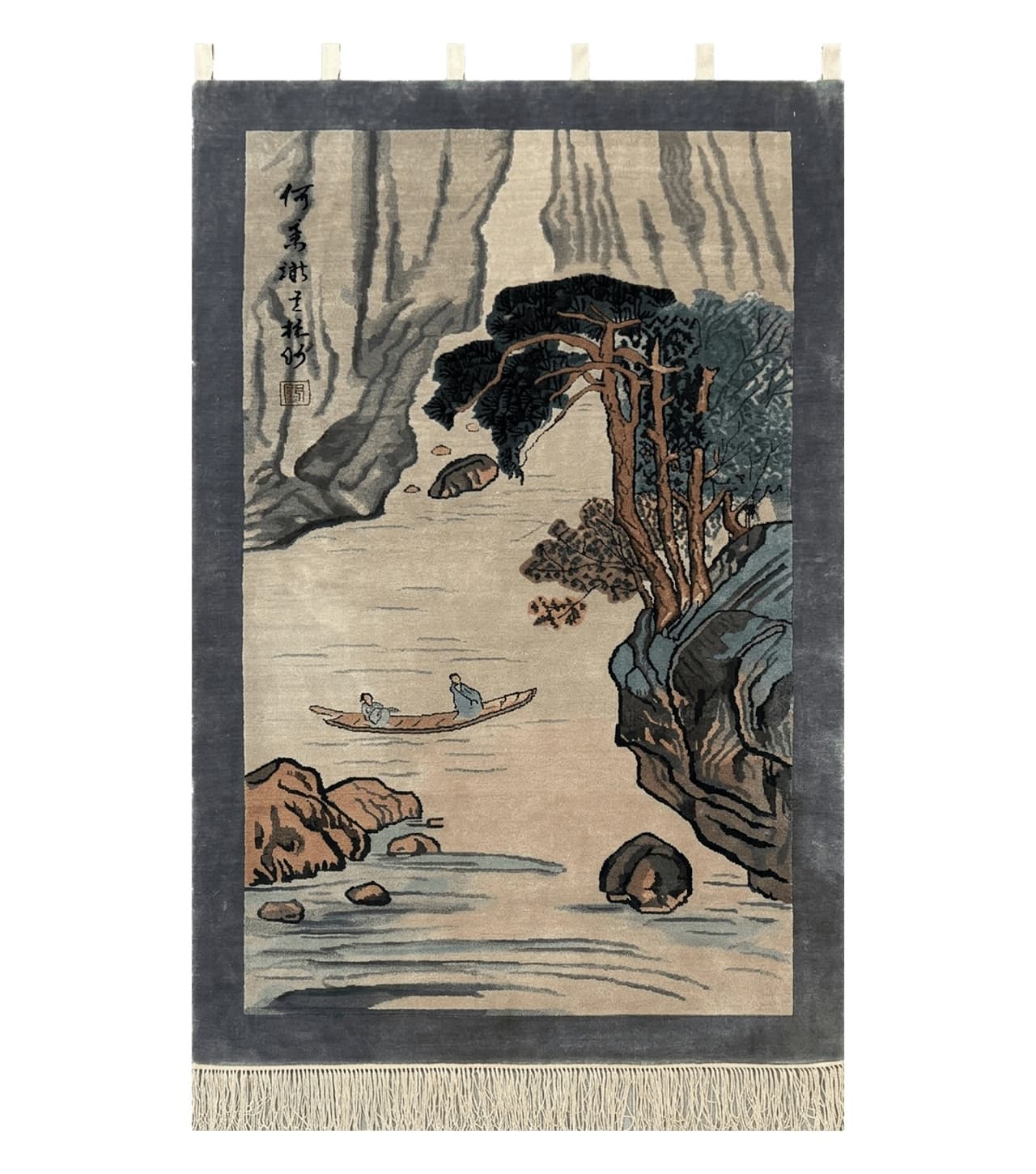 Chinese Silk Wall Hanging 3x5, Handmade, River and Boat Scene, Rug