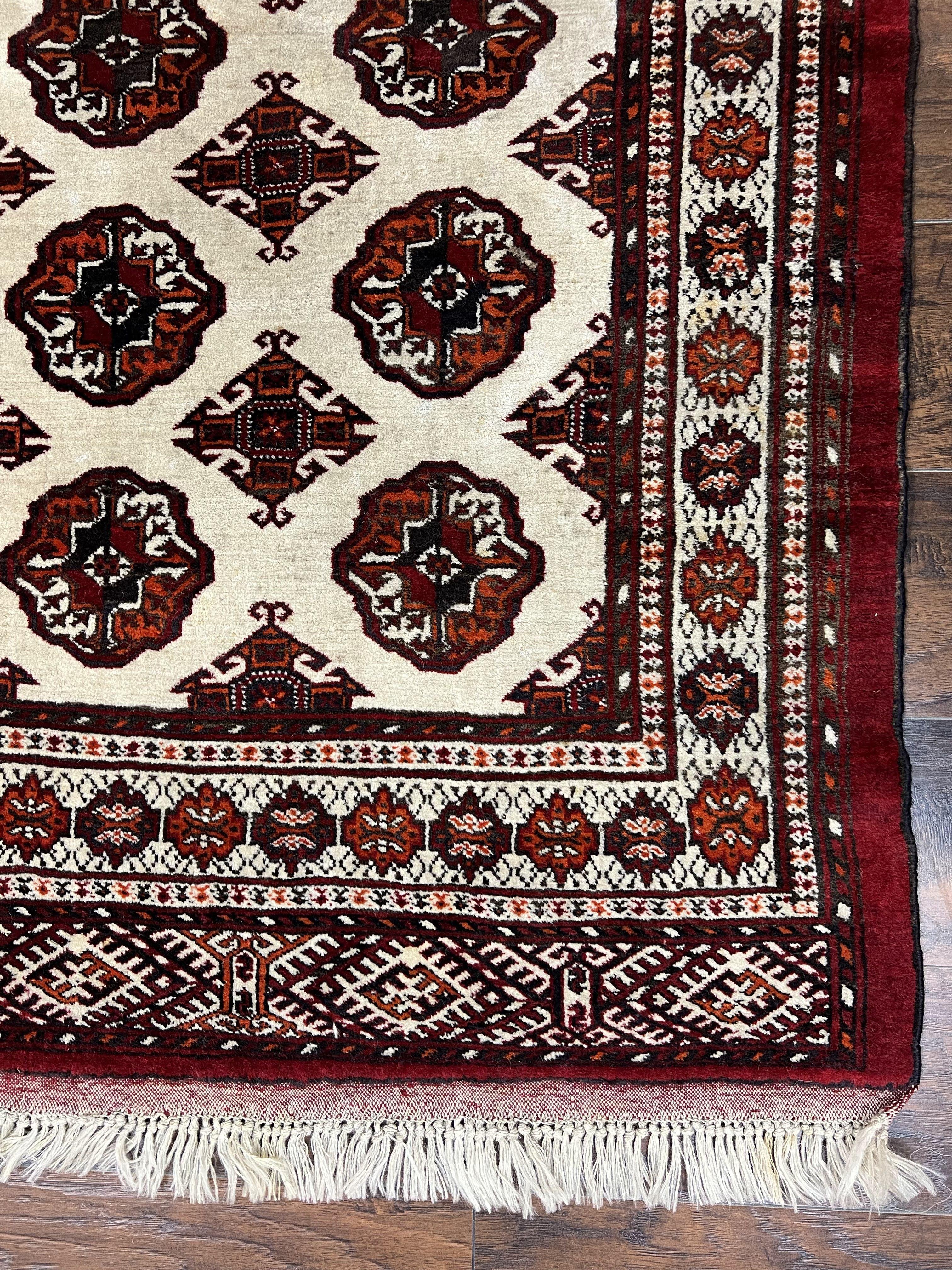 Persian Turkoman Rug 7x8, Almost Square Rare, Hand Knotted, Yamud, Bohemian Rug, Handmade Tribal Rug, Cream Red, Handmade Oriental Carpet - Jewel Rugs