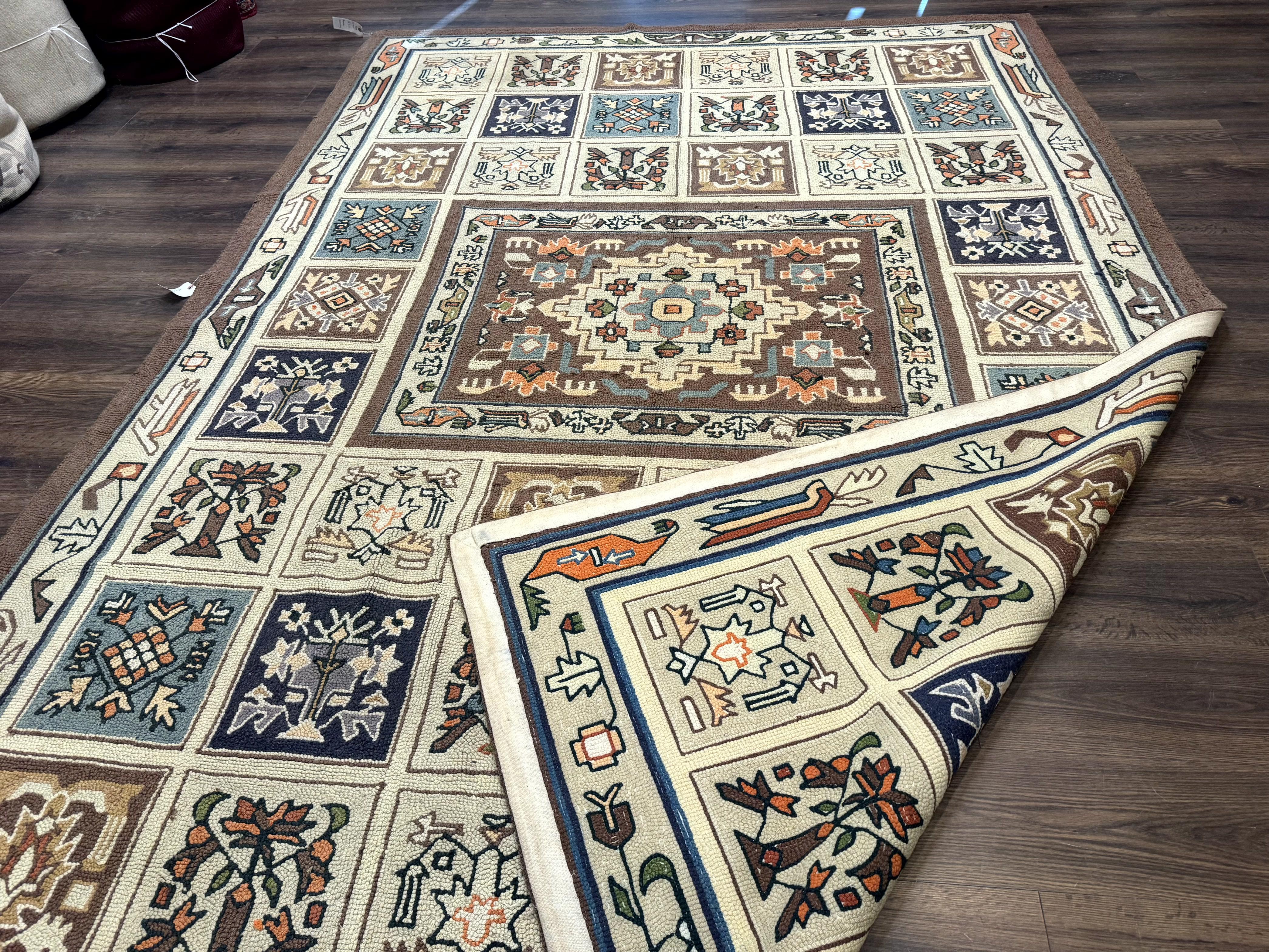 Hooked Rug 8x11, Vintage, American Vintage Hand Hooked Area Rug, Multicolor Panel, Rare - Jewel Rugs