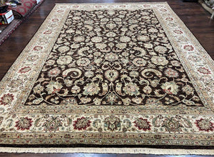 Indo Persian Rug 9x12, Vintage Indian Oriental Carpet 9 x 12 ft, Brown and Cream Hand Knotted Area Rug, Floral Allover Wool Traditional Rug