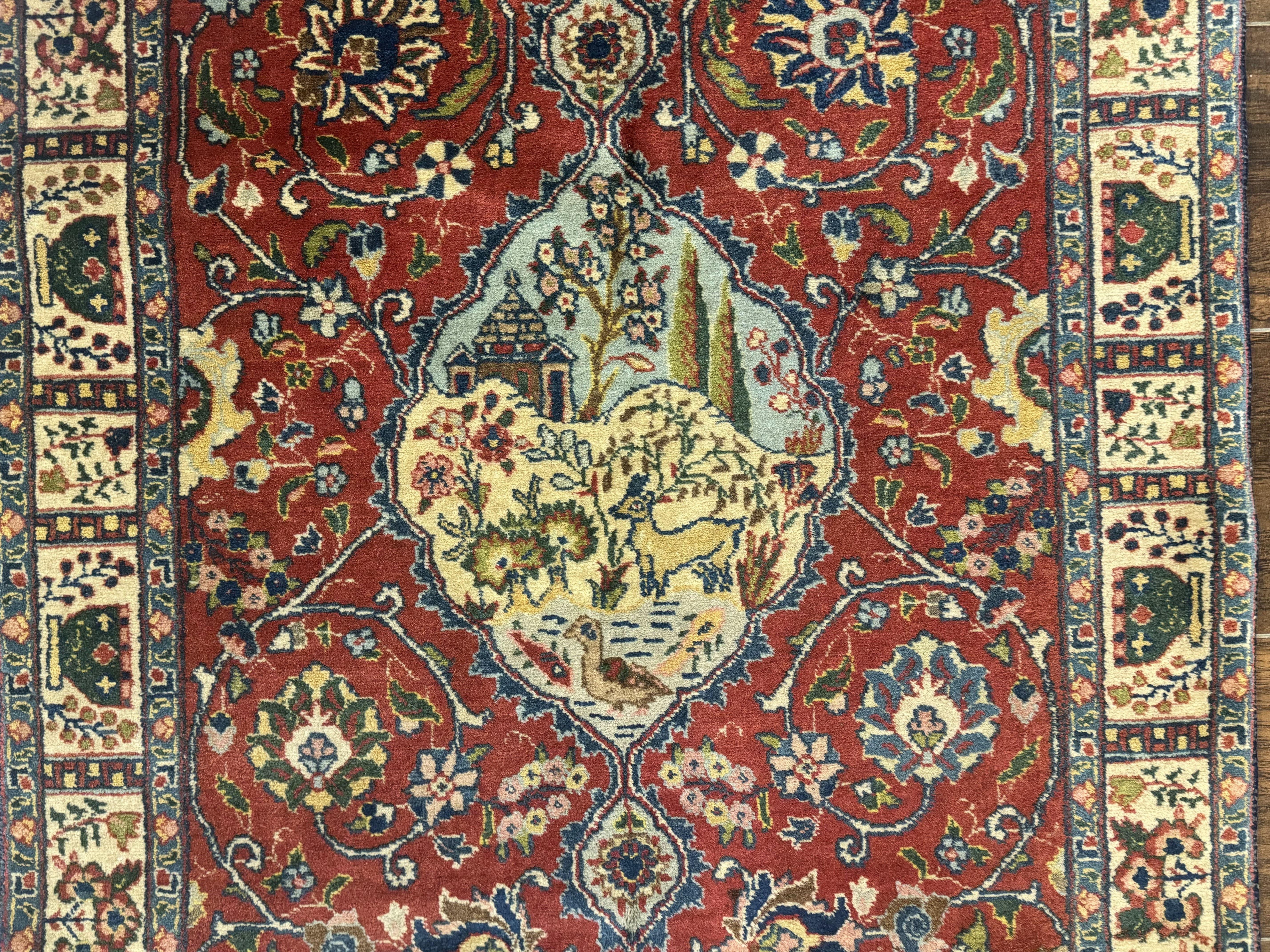 Small Persian Tabriz Rug 2.8 x 4.7, Red, Animal Pictorials, Semi Antique Vintage - Jewel Rugs