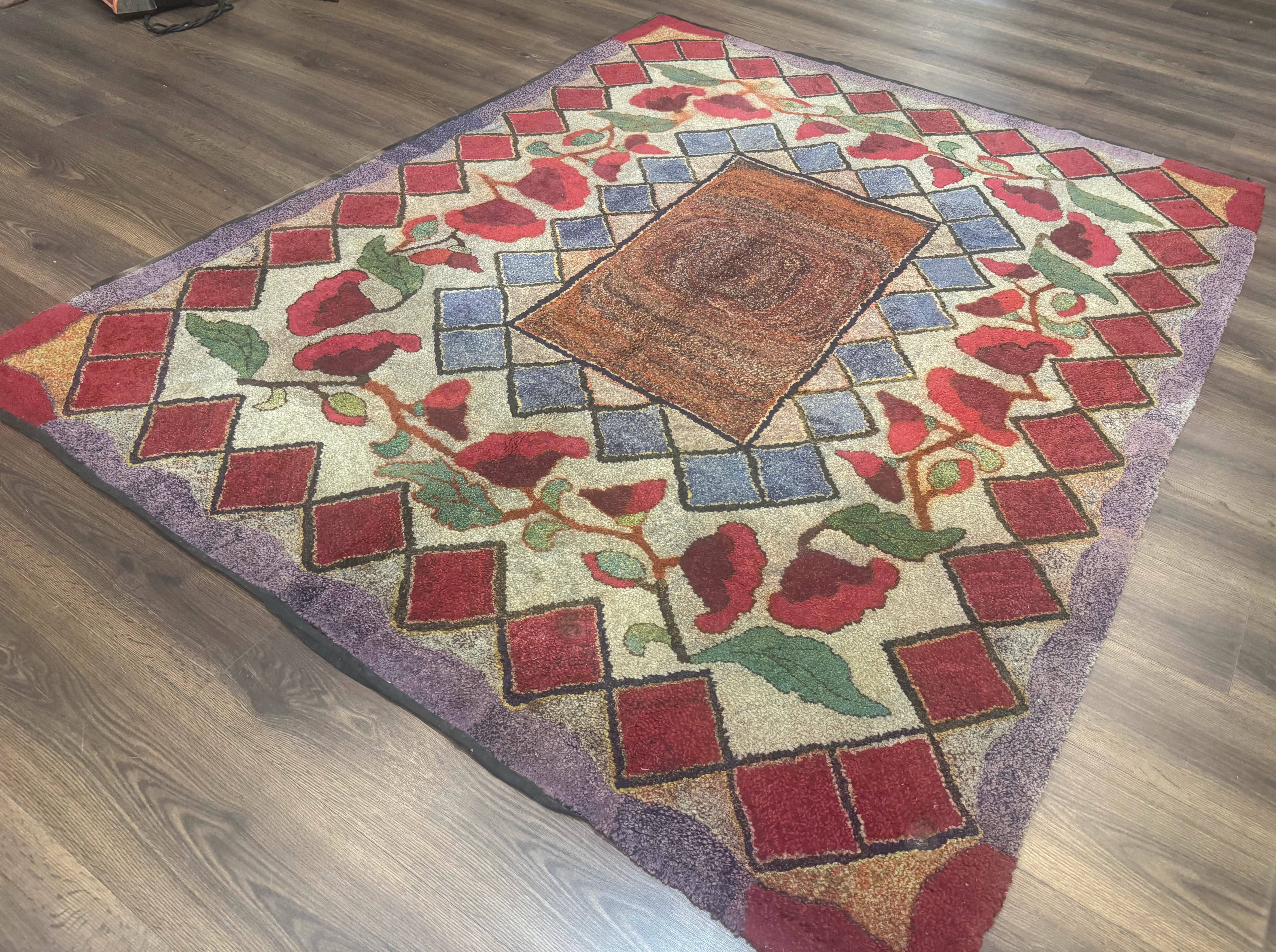 Vintage American Hooked Rug 6x7, Unique Colors, Red Lavender Cream, Abstract - Jewel Rugs