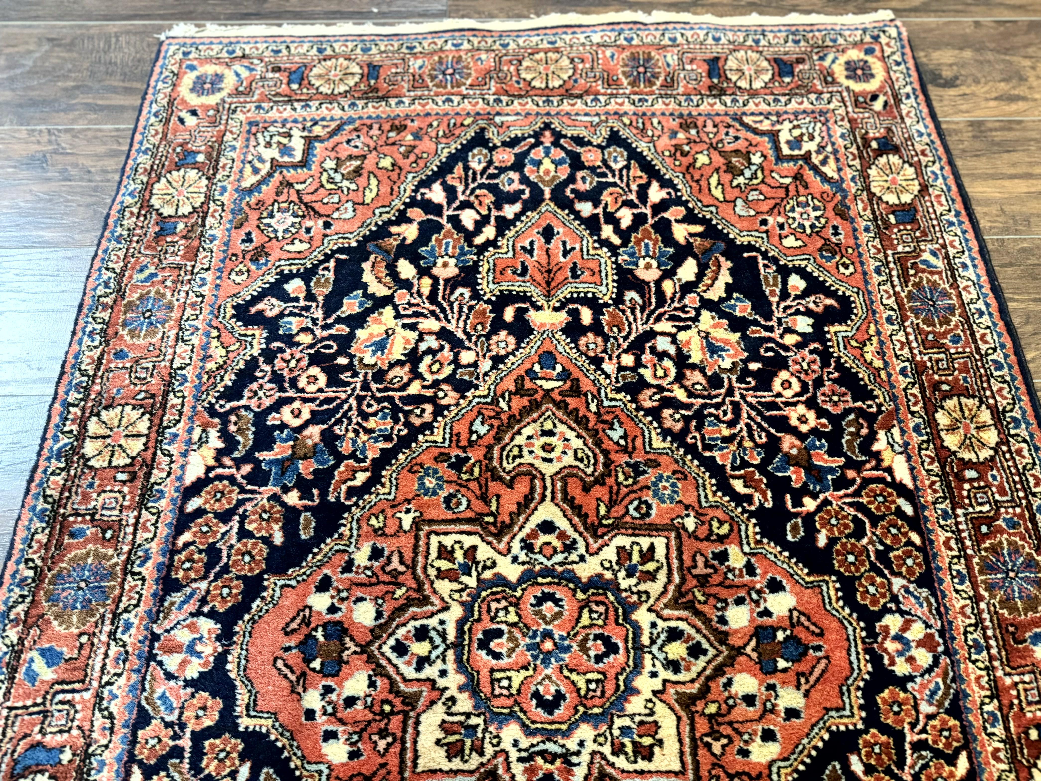 Persian Sarouk Rug 3.6 x 5, Medallion Rug, Red and Midnight Blue, Handmade Semi Antique Vintage Wool Carpet - Jewel Rugs