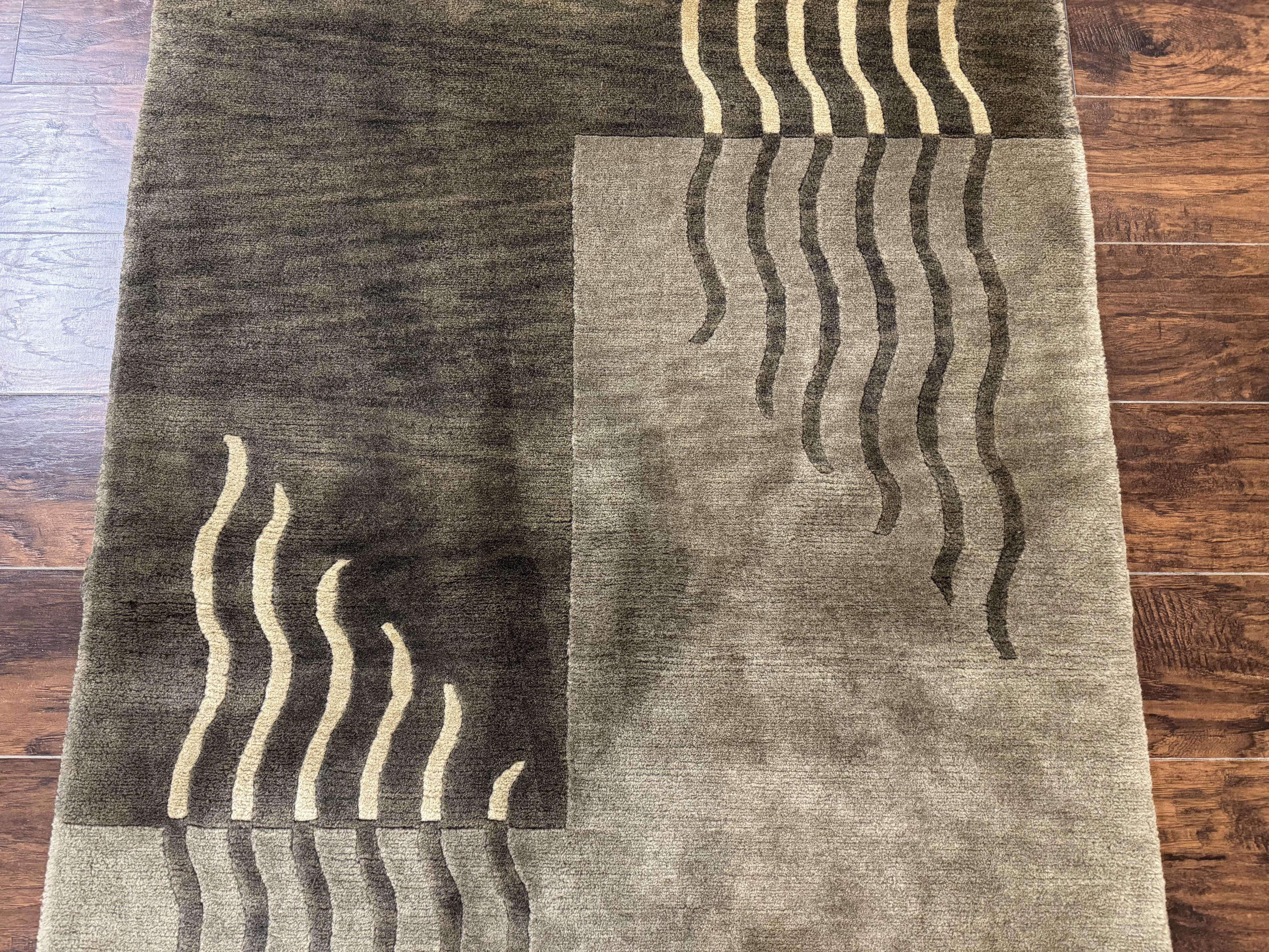 Modern Tibetan Wool Rug 3.6 x 5.6, Shades of Green, Abstract Design - Jewel Rugs