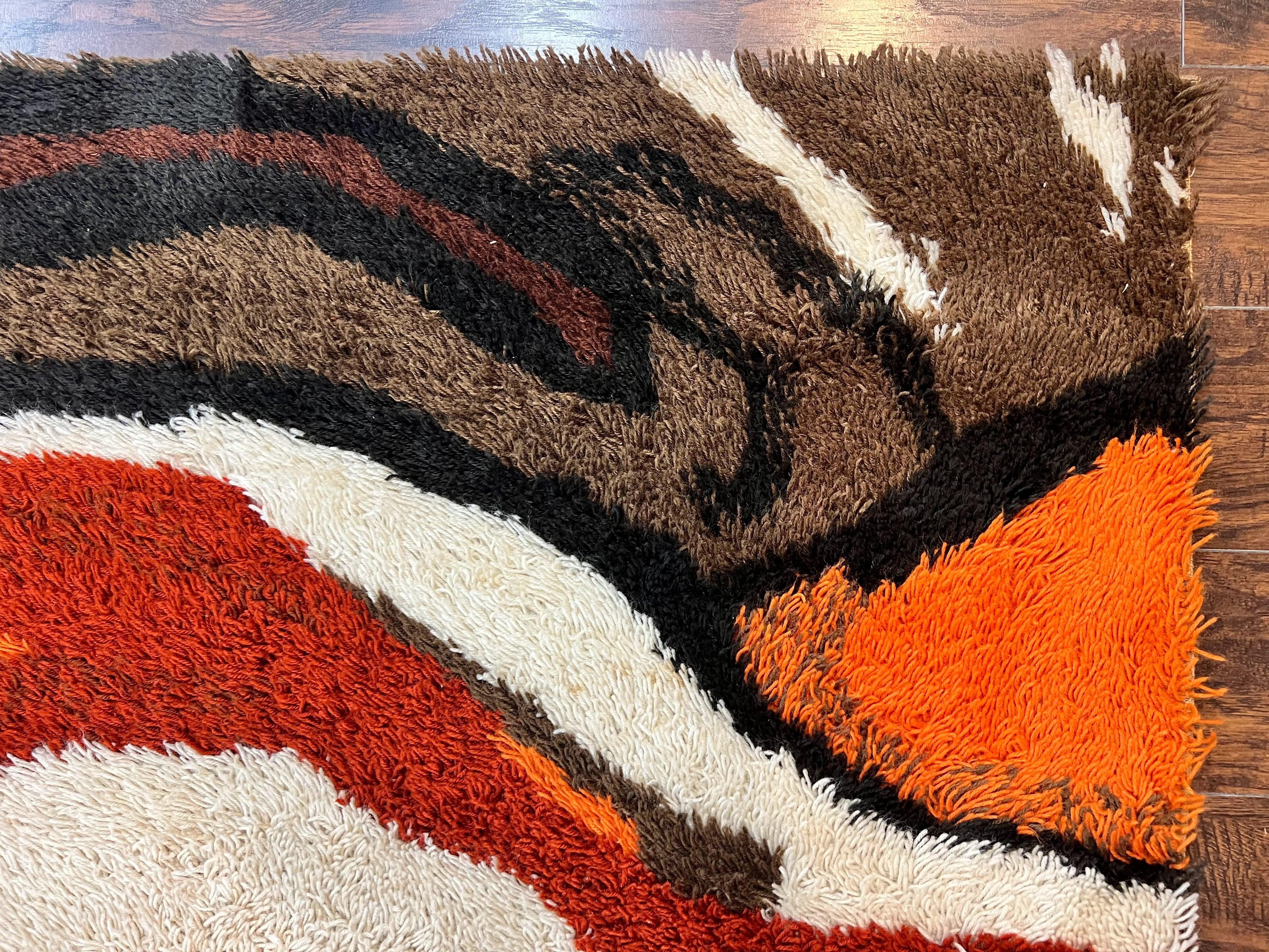 Danish Rya Rug 4x6, Mid Century Modern Abstract EGE Rya Carpet, Vintage Retro Shag Rug, Orange Brown Ivory Black - Jewel Rugs