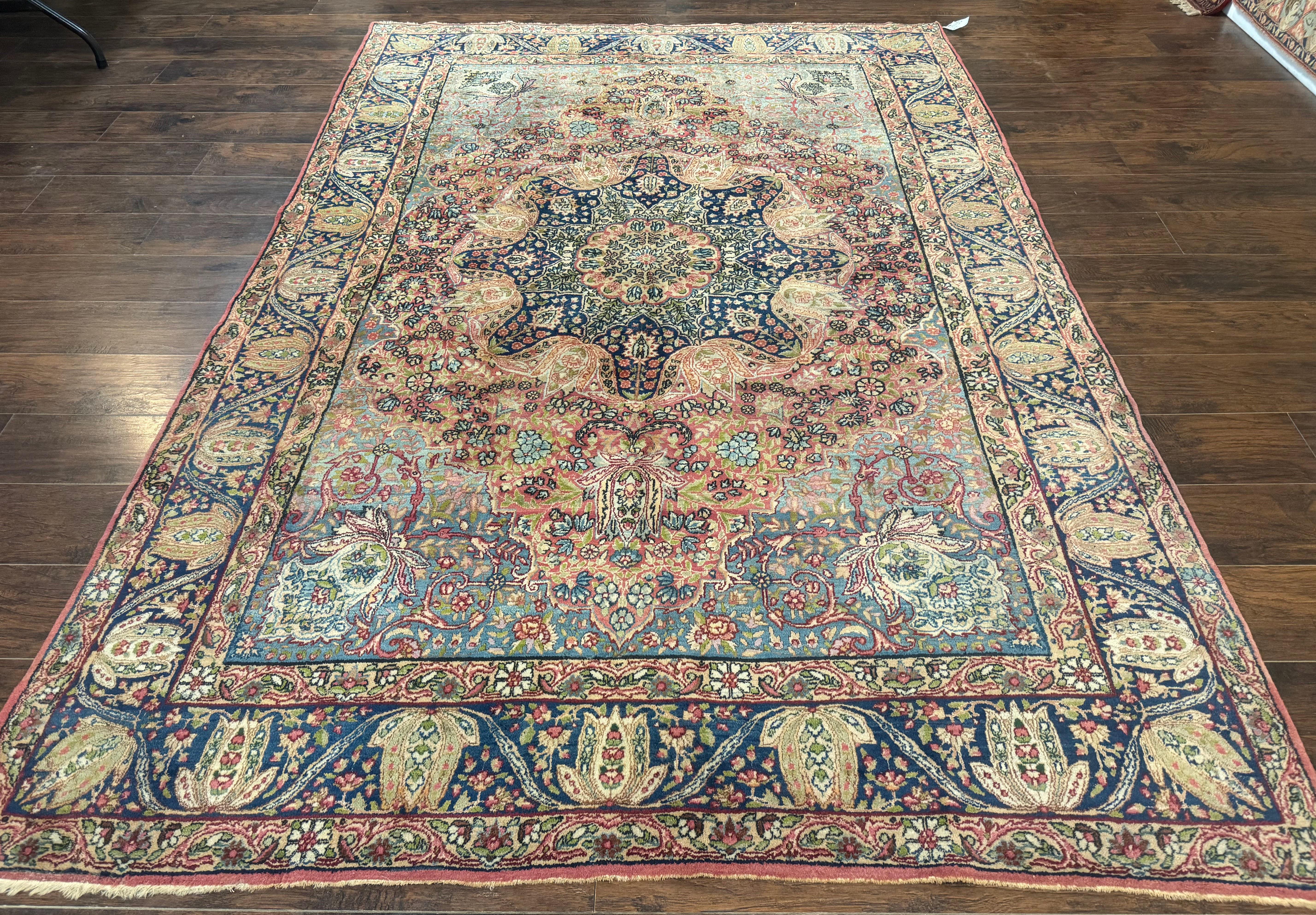 Antique Persian Kerman Lavar Rug 6x10, Colorful Navy Blue Red Light Blue, Floral, Multicolor, Very Fine, Handmade, 225 KPSI - Jewel Rugs