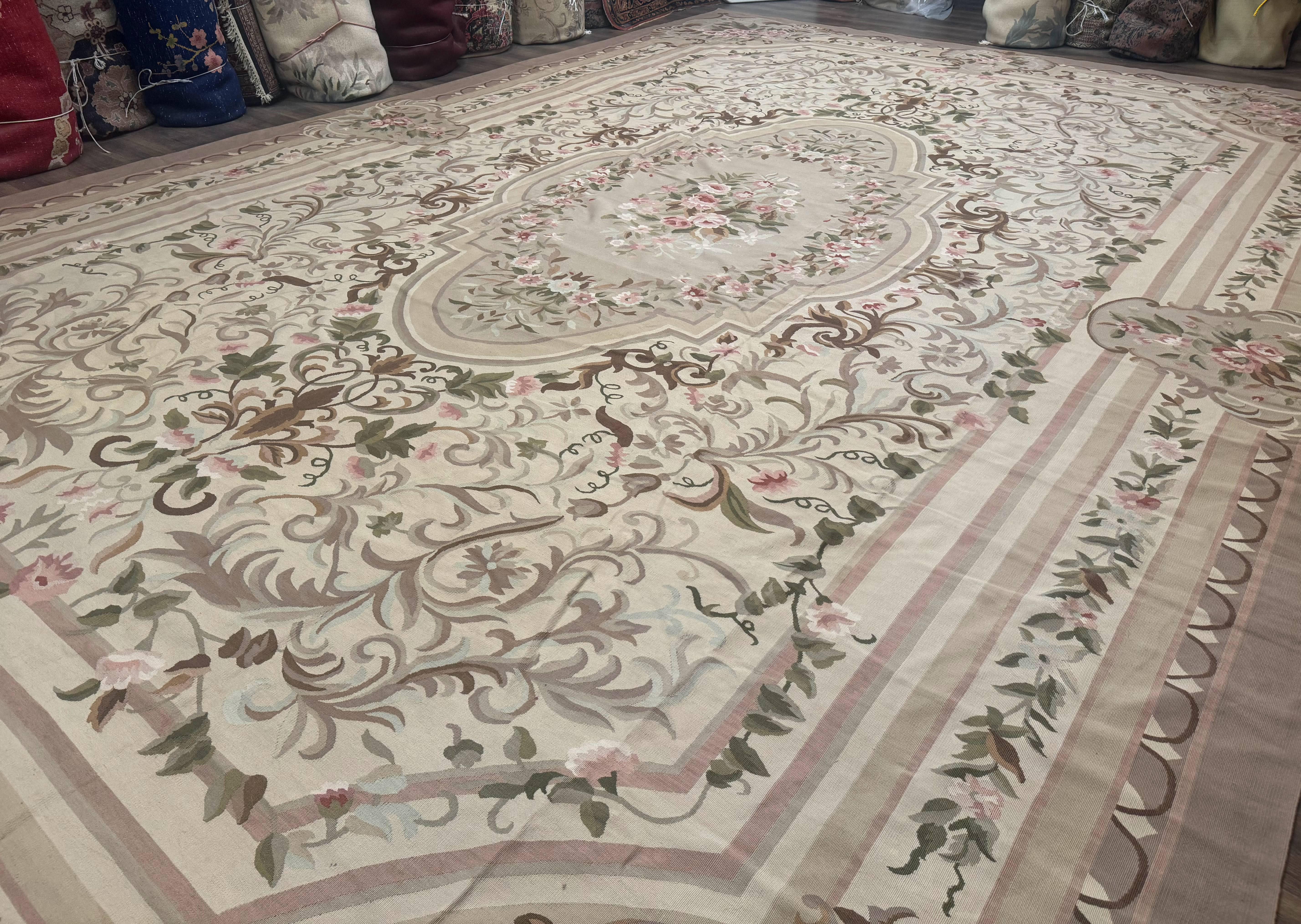Palace Sized Aubusson Rug 13 x 20, Flatweave Aubusson Weave, Oversized Rug, European French Elegant Design - Jewel Rugs