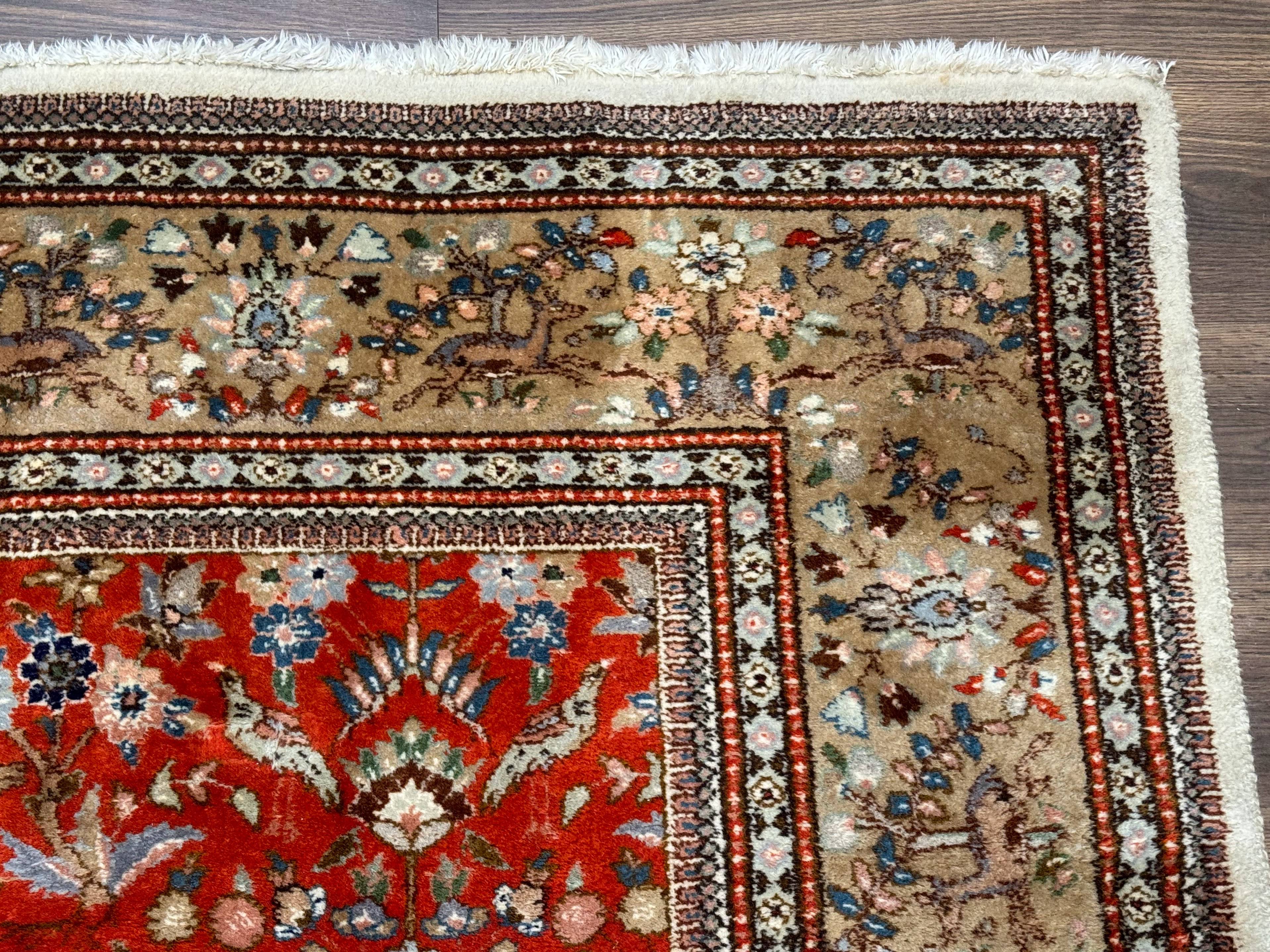 Persian Tabriz Rug 6x10, Burnt Orange and Tan, Animal Pictorials, Deer, Floral, Taba Tabae Carpet - Jewel Rugs