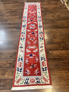 Chinese Wool Runner Rug 2x11, Red and Cream, Butterflies, Handmade Vintage Wool Asian Oriental Carpet 2 x 11, Chinese Carving Rug, 120 Line