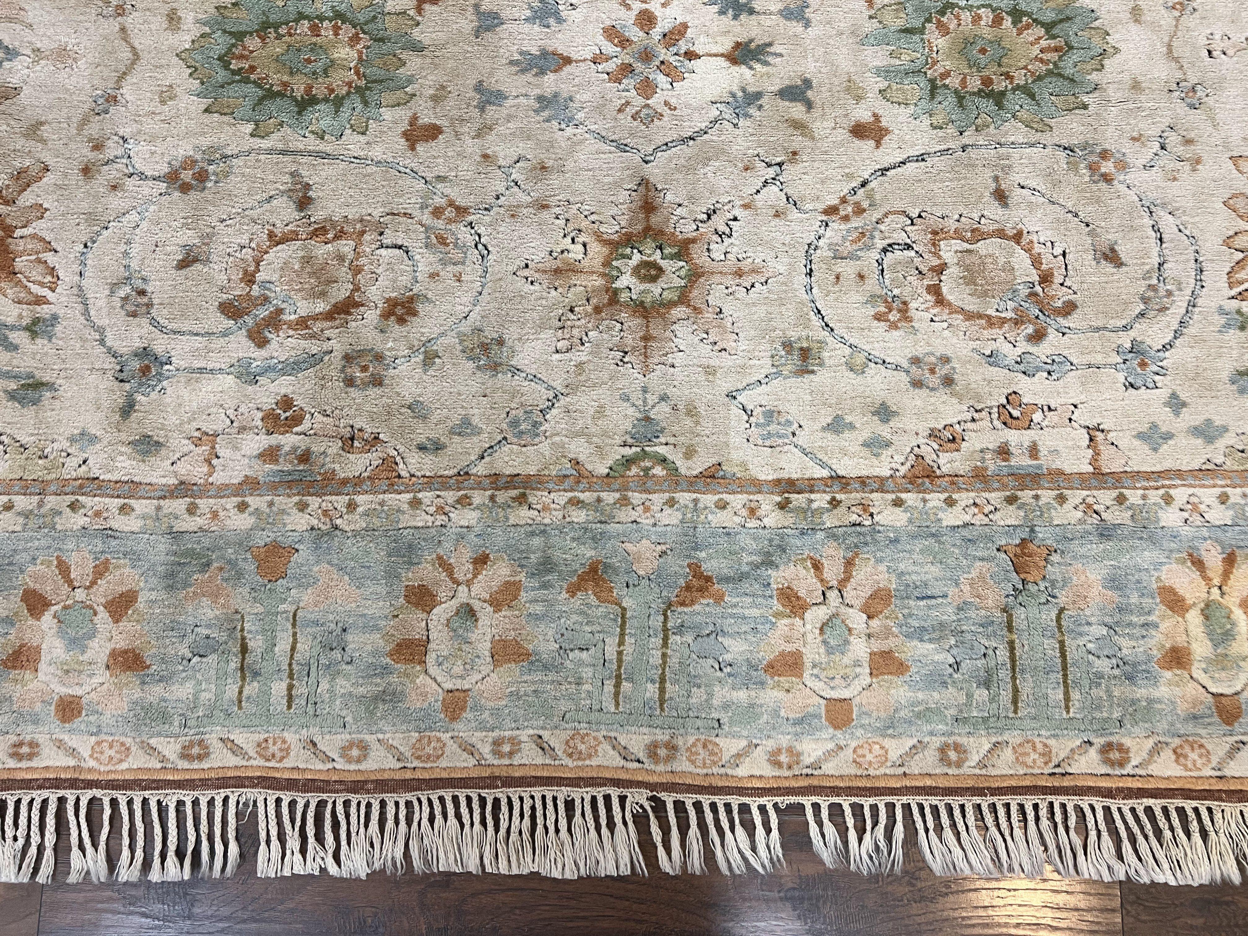 Turkish Oushak Rug 9x10, Neutral Colors, Wool Hand Knotted Vintage Handmade Oriental Carpet, Floral Allover, Farmhouse Rug, Beige Light Blue - Jewel Rugs