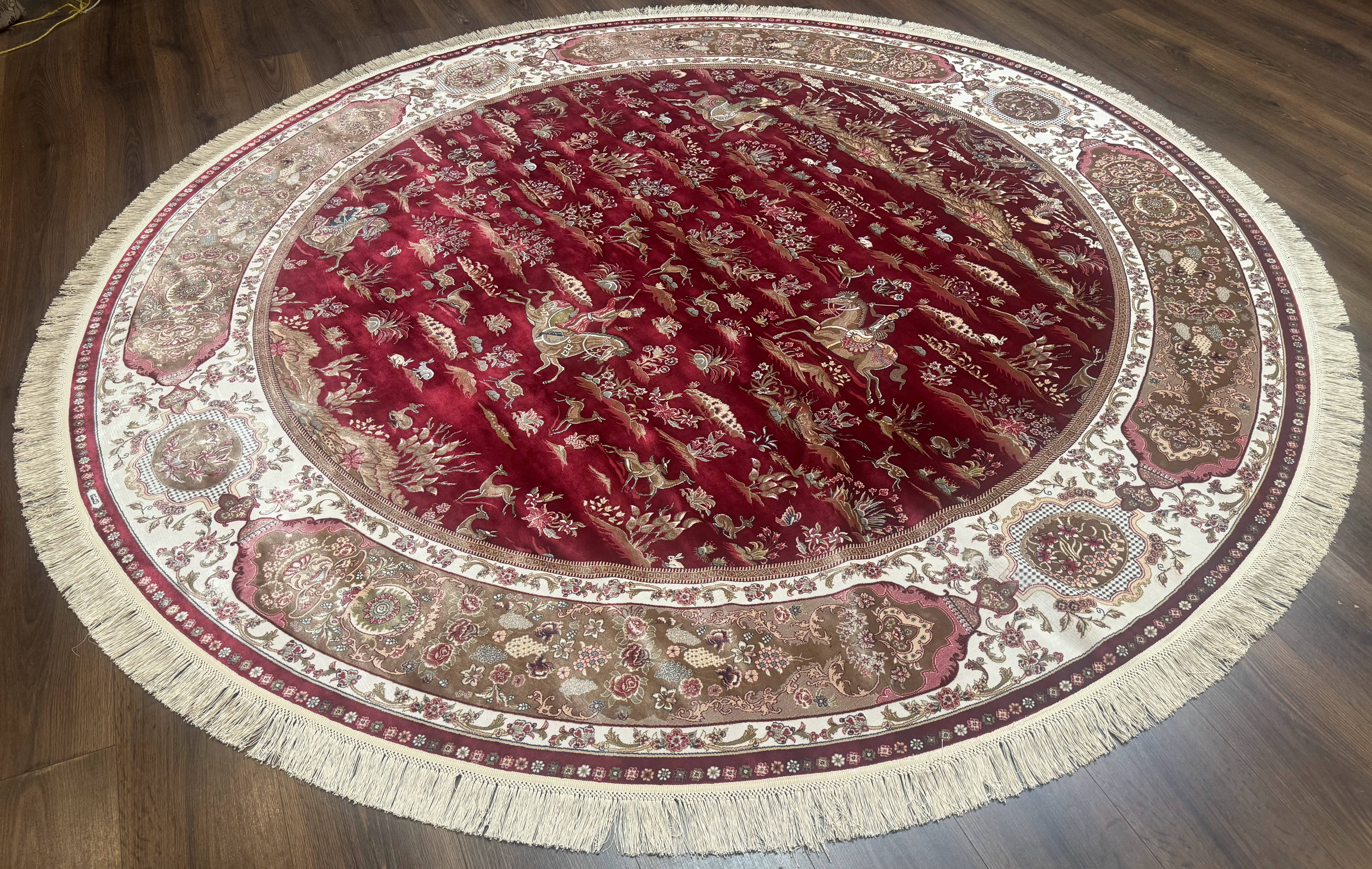 Large Round Turkish Silk Rug 8x8, Hunting Design, Dark Red & Ivory, Bamboo Silk - Jewel Rugs