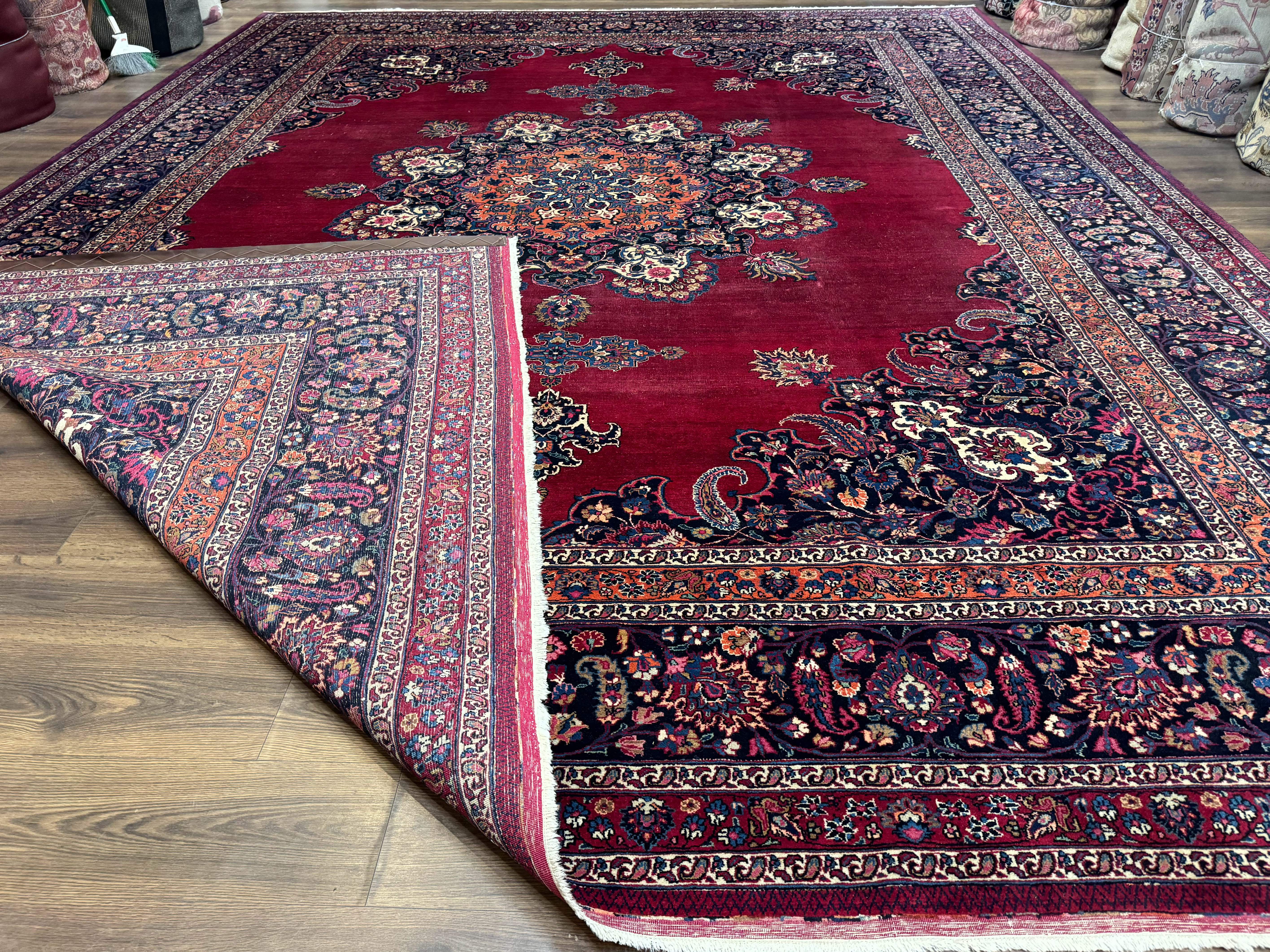 Antique Persian Mashad Rug 12x15, Palace Size Carpet, Wool Hand Knotted, Red and Navy Blue, Floral Medallion - Jewel Rugs
