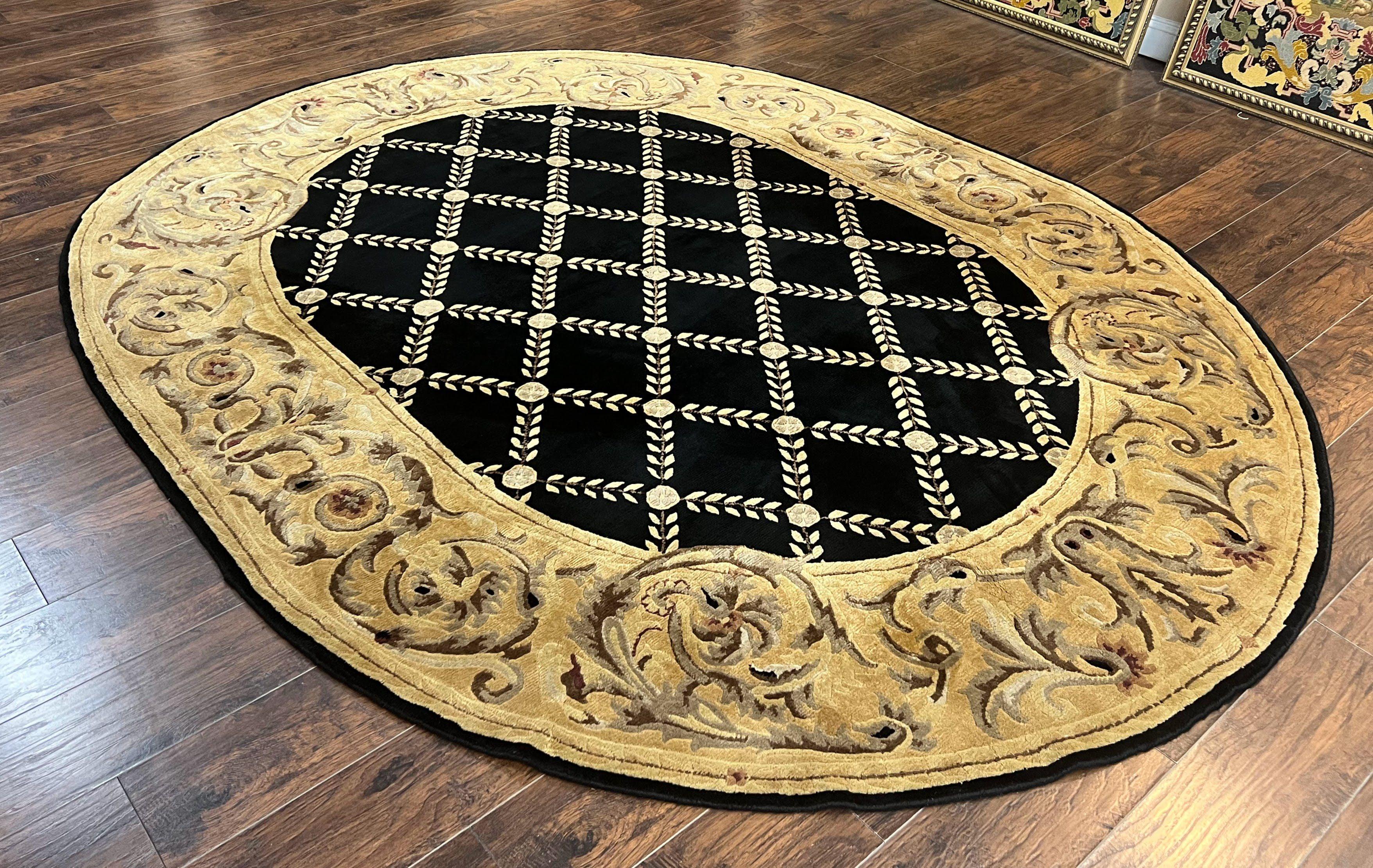 Oval Tibetan Rug 8x10, French Aubusson Design, Wool Handmade Vintage Carpet, Black & Beige, Soft Wool Pile - Jewel Rugs