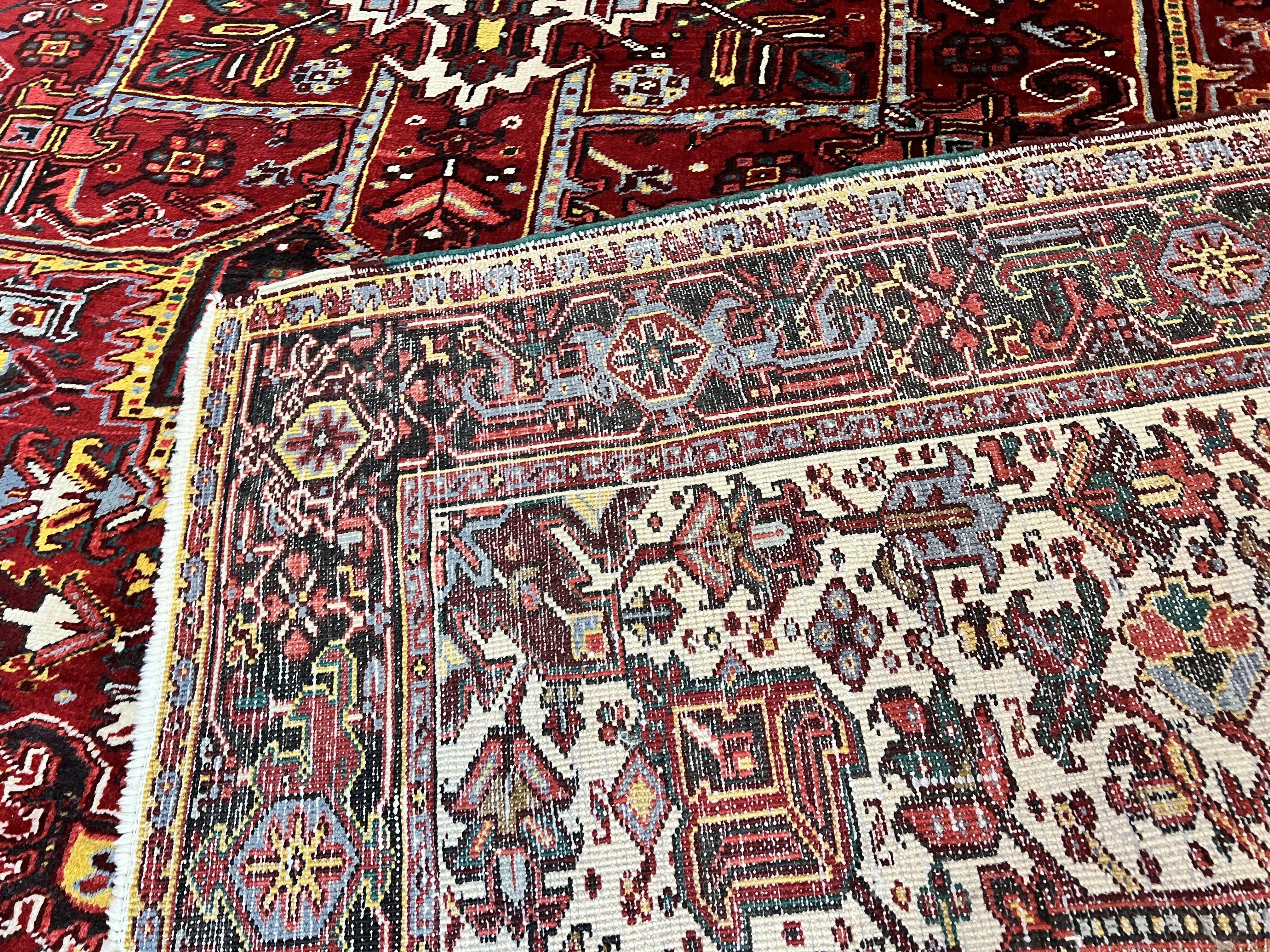 Persian Heriz Rug 10x13, Wool Hand Knotted Vintage Carpet, Geometric Medallion Tribal Oriental Rug, Red & Ivory, 10 x 13 Large Sized Rug - Jewel Rugs