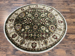 Round Indo Persian 6x6 Rug, Floral Allover Pattern, Handmade Hand Knotted Wool 6ft Round Oriental Carpet, Vintage Traditional Rug