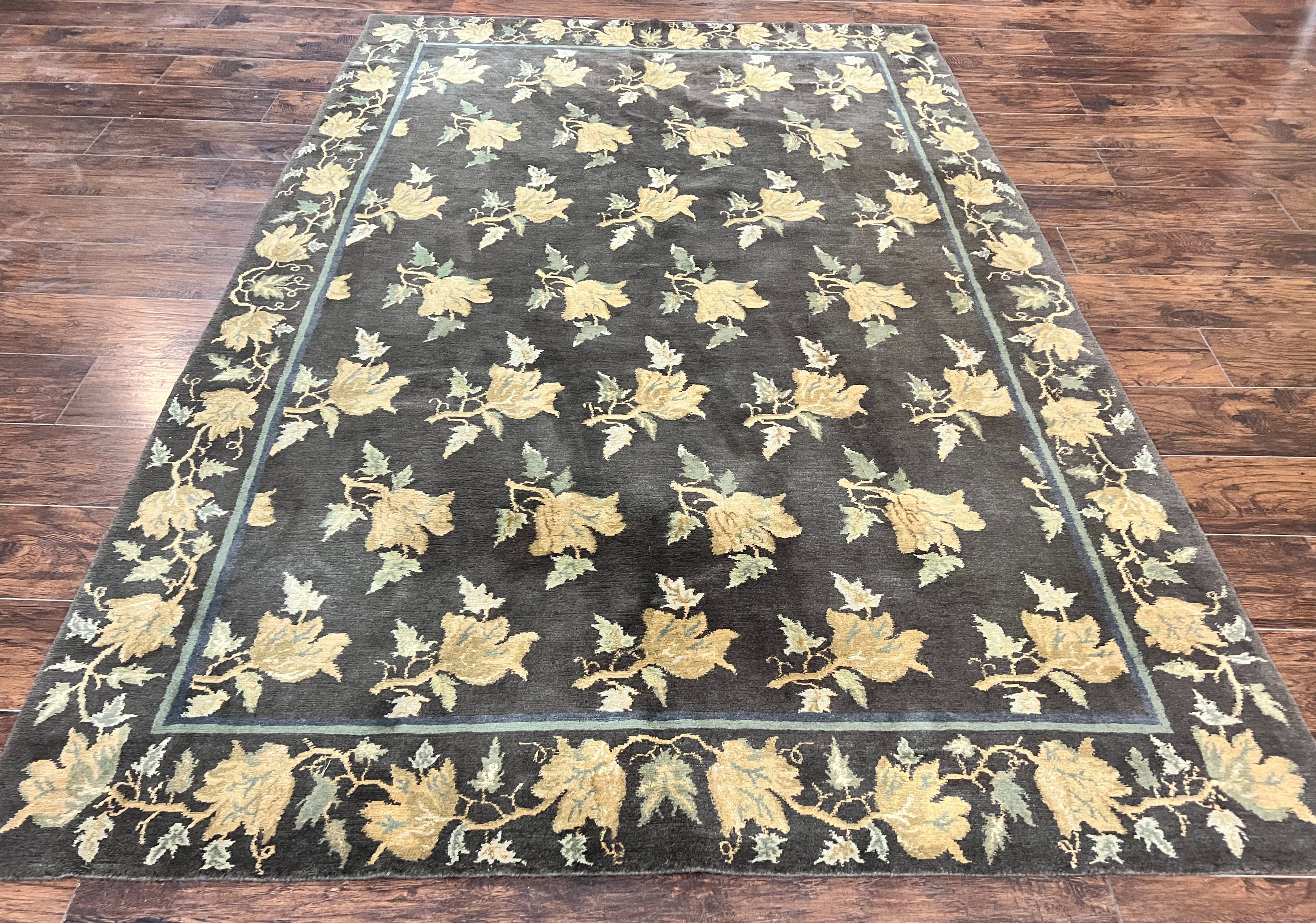 Tibetan Nepal Rug 6x9, Wool Hand Knotted Vintage Carpet 6 x 9, Dark Green & Golden Yellow, Floral Bouquets - Jewel Rugs