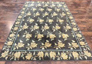 Tibetan Nepal Rug 6x9, Wool Hand Knotted Vintage Carpet 6 x 9, Dark Green & Golden Yellow, Floral Bouquets
