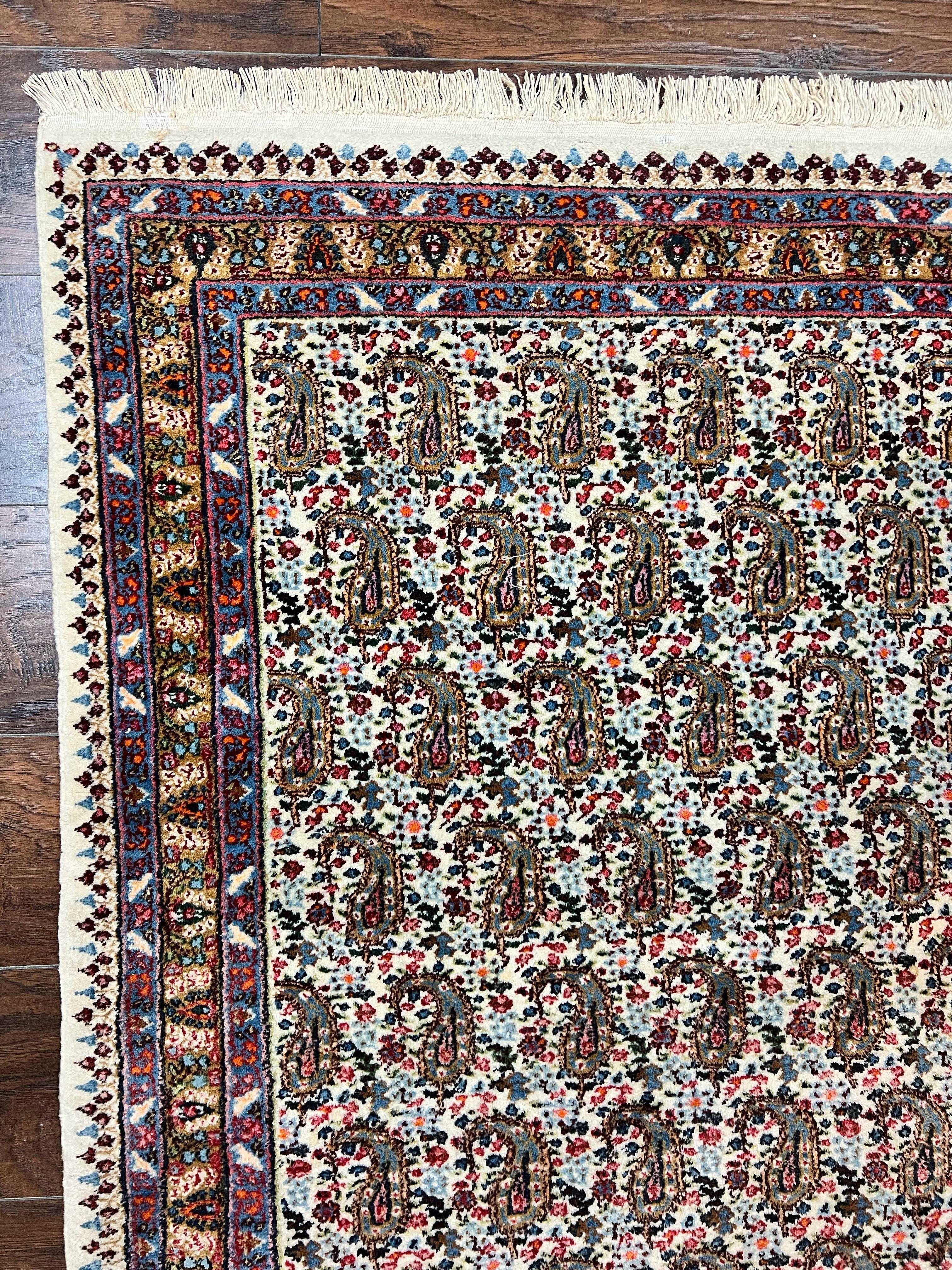 Persian Rug 4x6, Mashad Kashmar Rug, Boteh Paisley Design, Allover Repeated Pattern, Ivory Hand Knotted Vintage Semi Antique Persian Oriental Carpet - Jewel Rugs