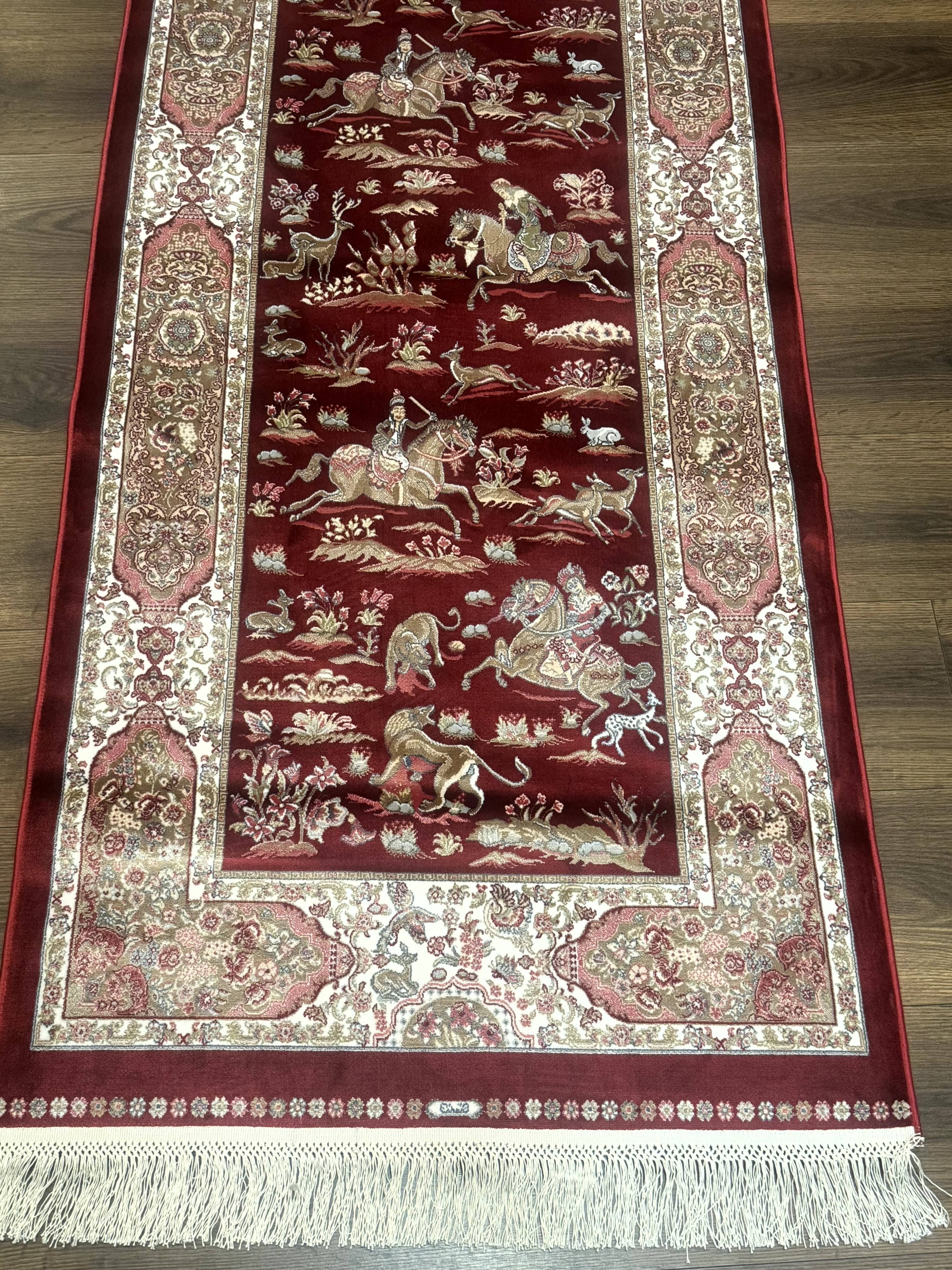 Turkish Silk Rug 2.6 x 6.7, Hunting Design, Short Runner Rug, Red & Ivory, Bamboo Silk, New - Jewel Rugs