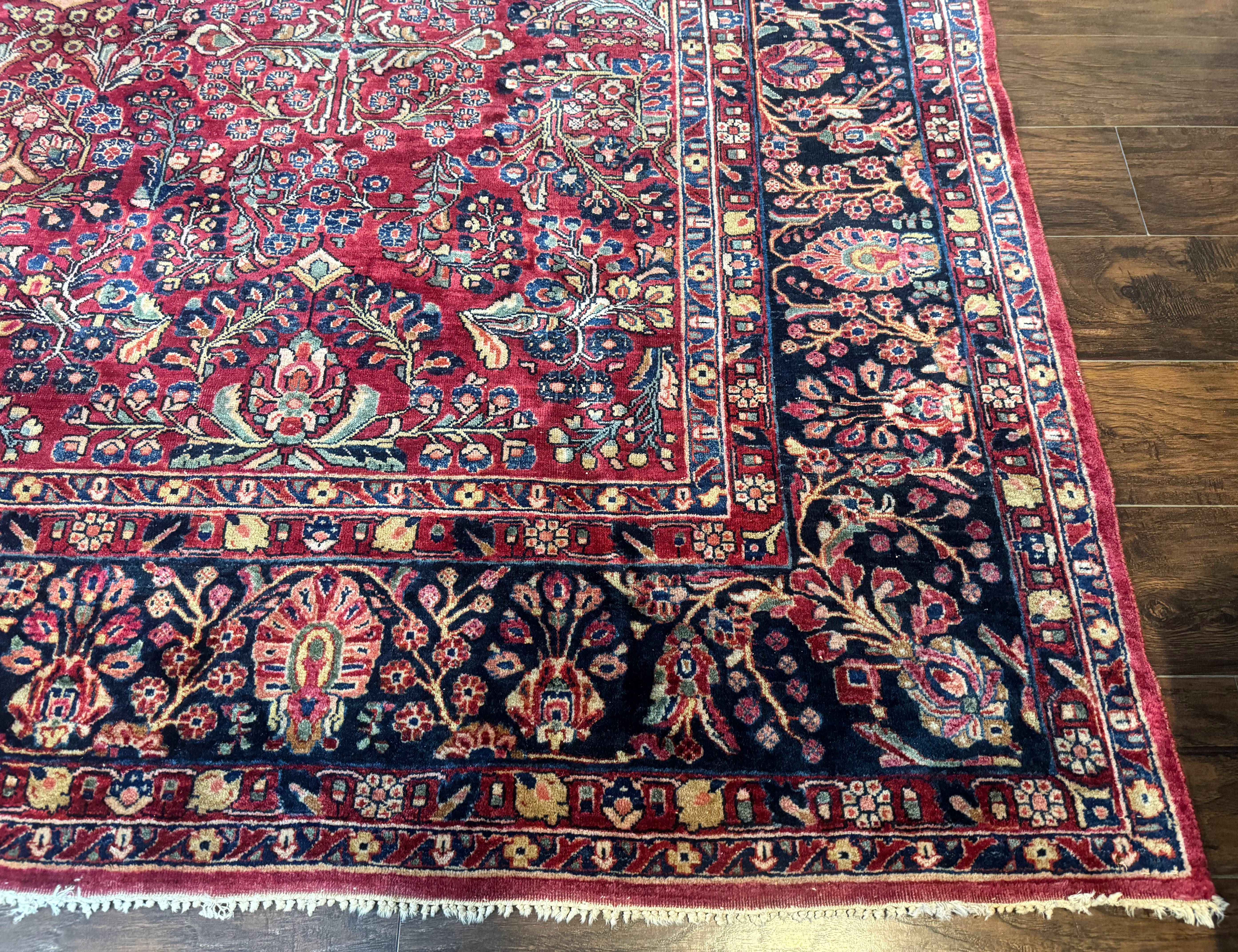 Antique Persian Sarouk Rug 9x12, Red and Blue, Large, Wool, Floral Allover - Jewel Rugs