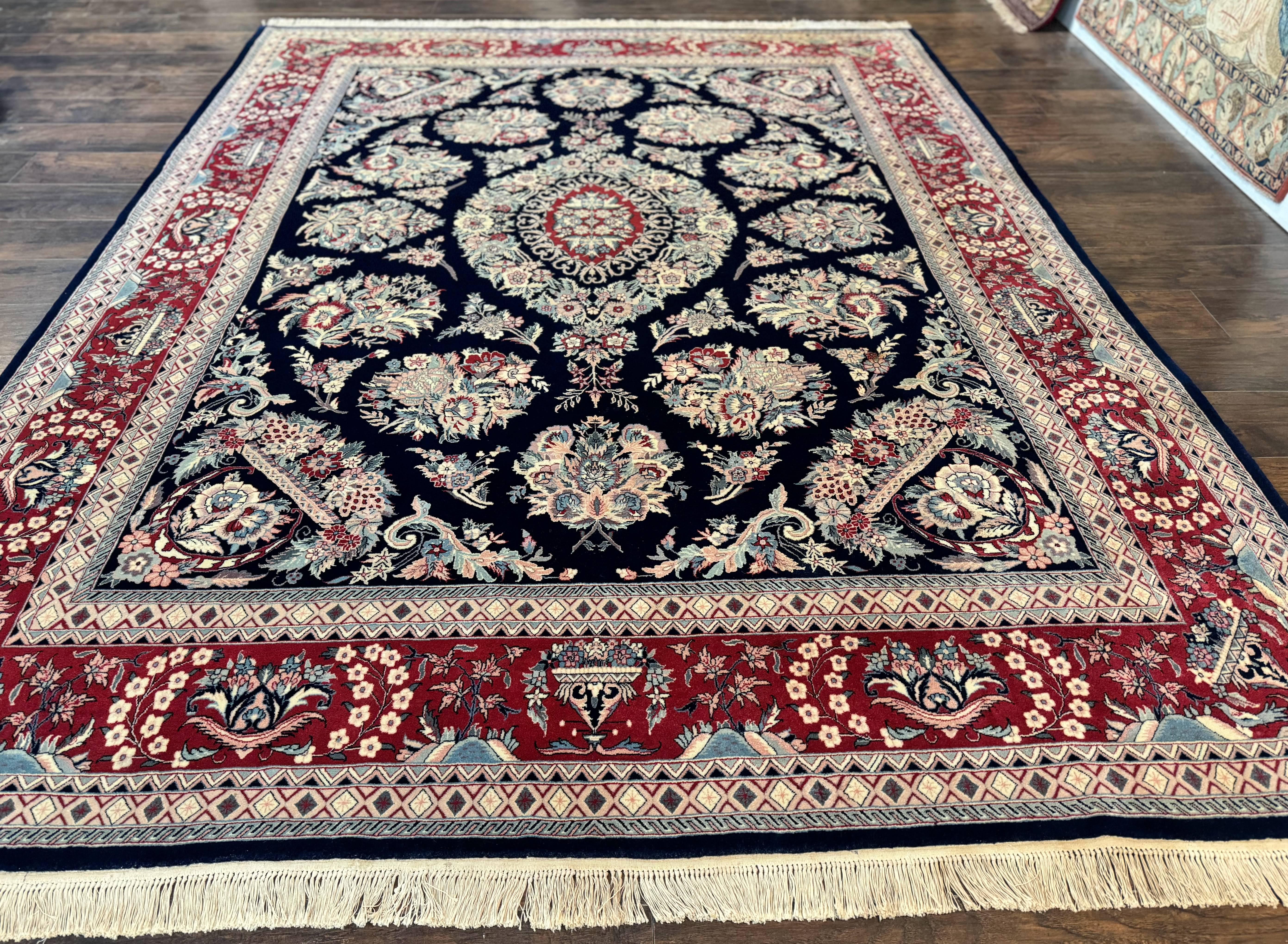 Sino Persian Rug 8x10, Floral Kirman Carpet, Navy Blue and Red, Floral Vases, Handmade Vintage Wool Carpet, 320 KPSI - Jewel Rugs